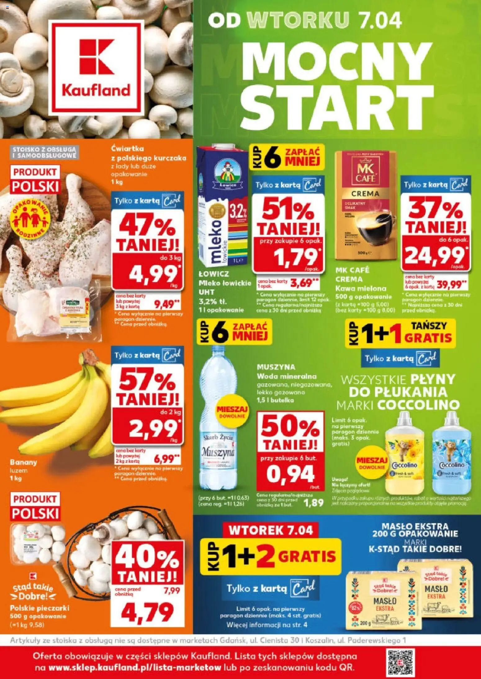 Kaufland gazetka - Mocny start od 07.04.2026 | Strona: 1 | Produkty: Mleko, Banany, Mleko łowickie, Woda