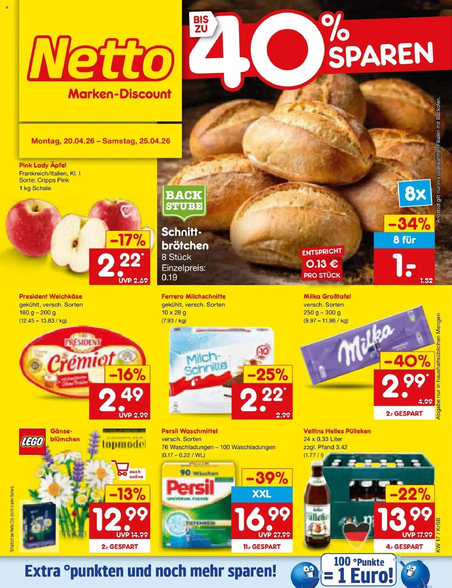 Netto Marken-Discount Prospekt Jüchen	 – gültig ab 20.04.2026 | Seite: 1 | Produkte: Helles pulleken, Äpfel, Veltins, Persil