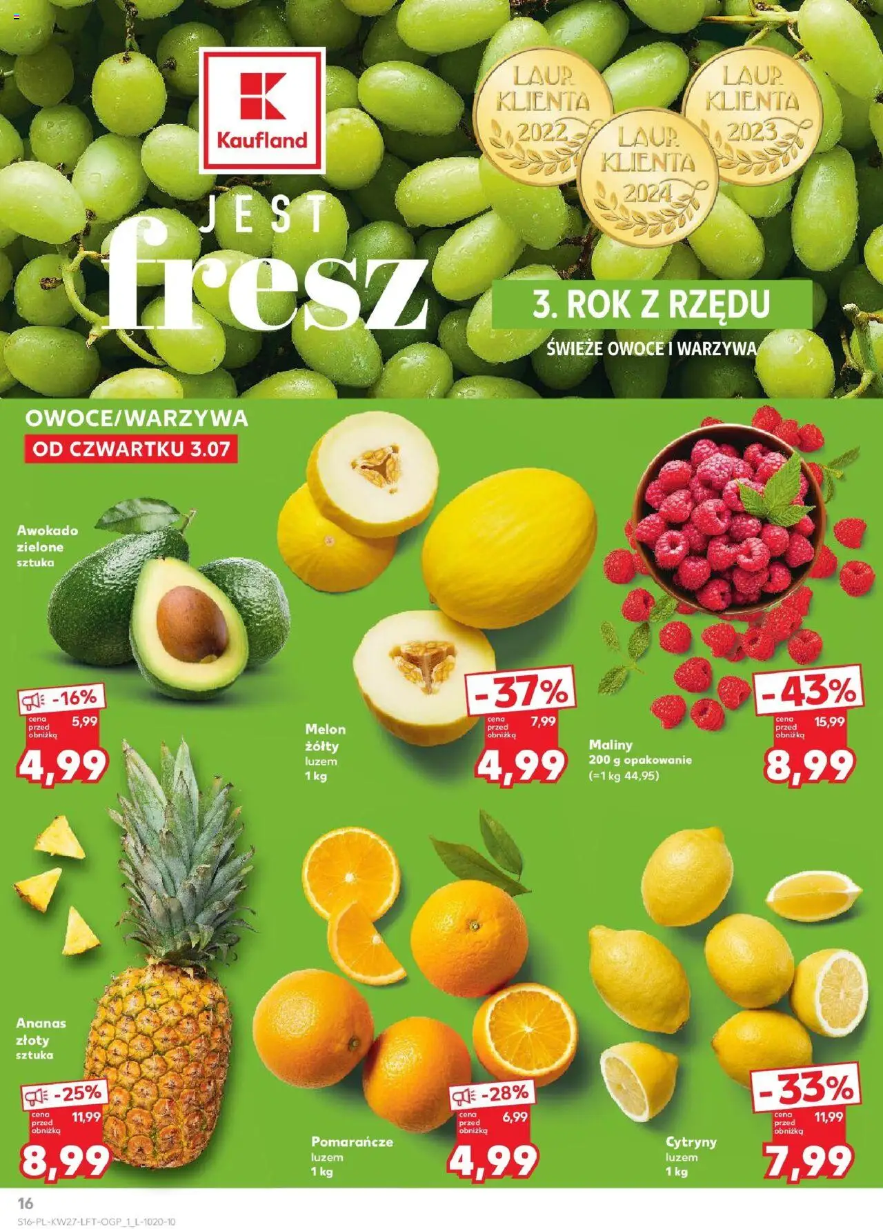Kaufland gazetka od 03.07.2025 | Strona: 16 | Produkty: Melon, Maliny, Awokado, Warzywa