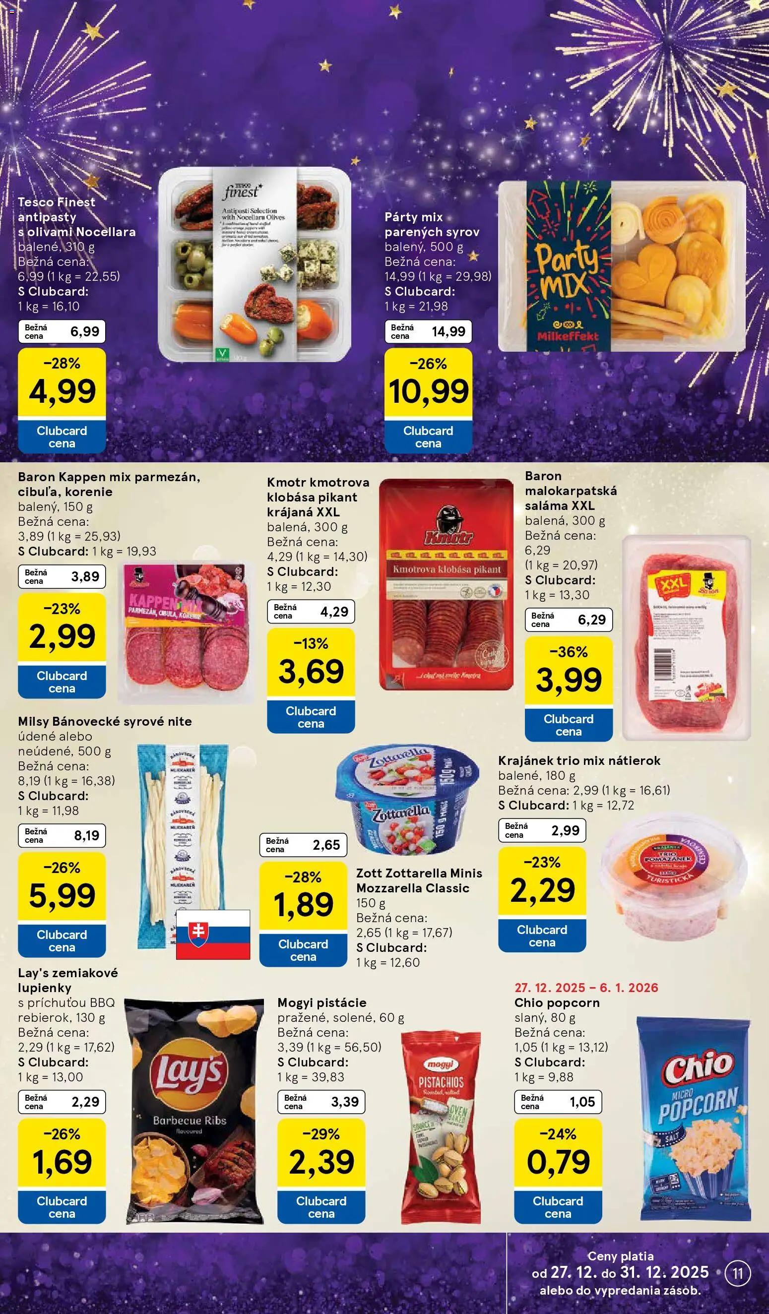 Nové Tesco akcie – leták je platný od 27.12.2025 | Strana: 11 | Produkty: Saláma, Mozzarella, Korenie, Pistácie