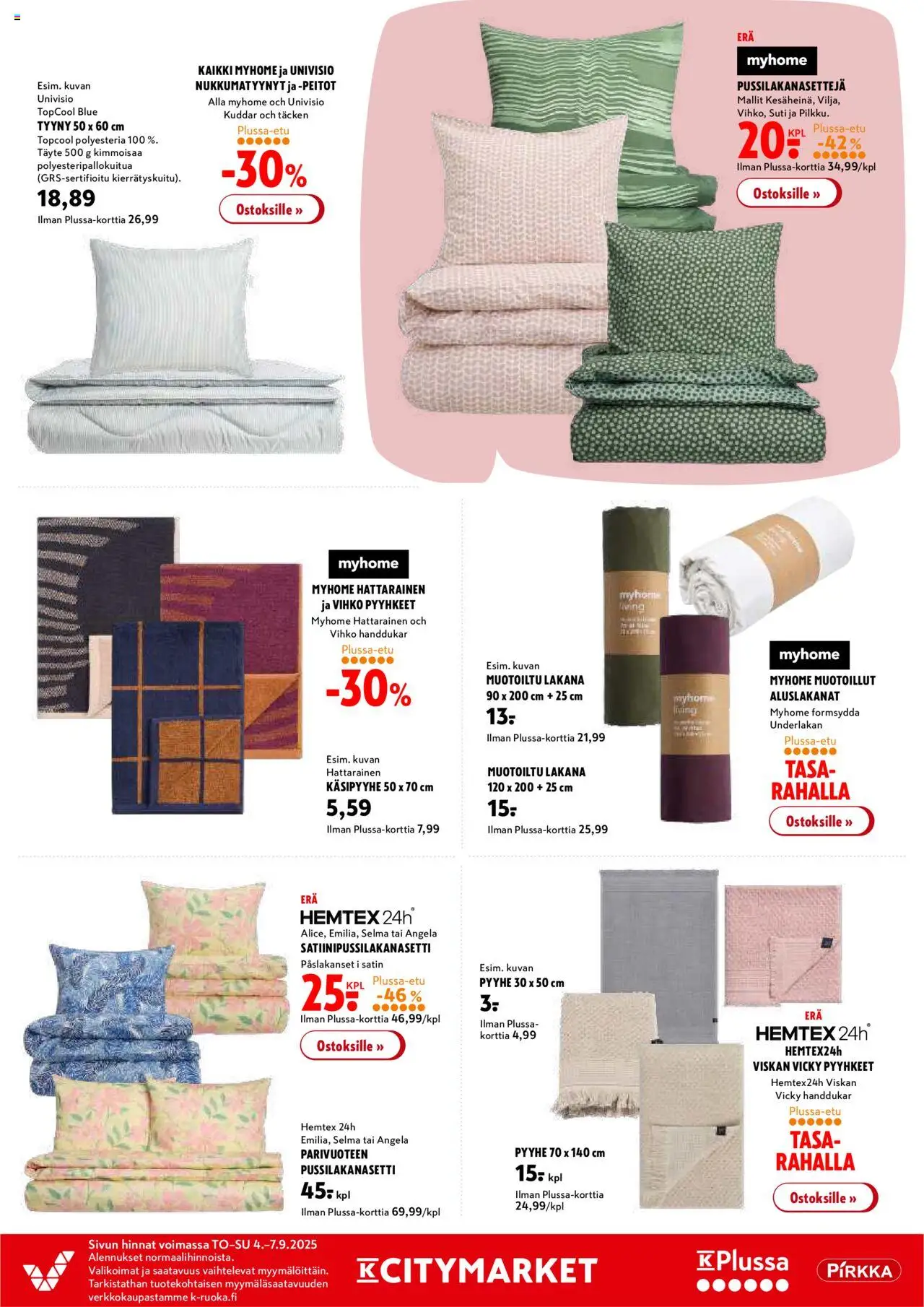 K-Citymarket tarjoukset – voimassa 04.09.2025 alkaen | Sivu: 19 | Tuotteet: Pussilakanasetti, Pyyhe, Pyyhkeet, Lakana