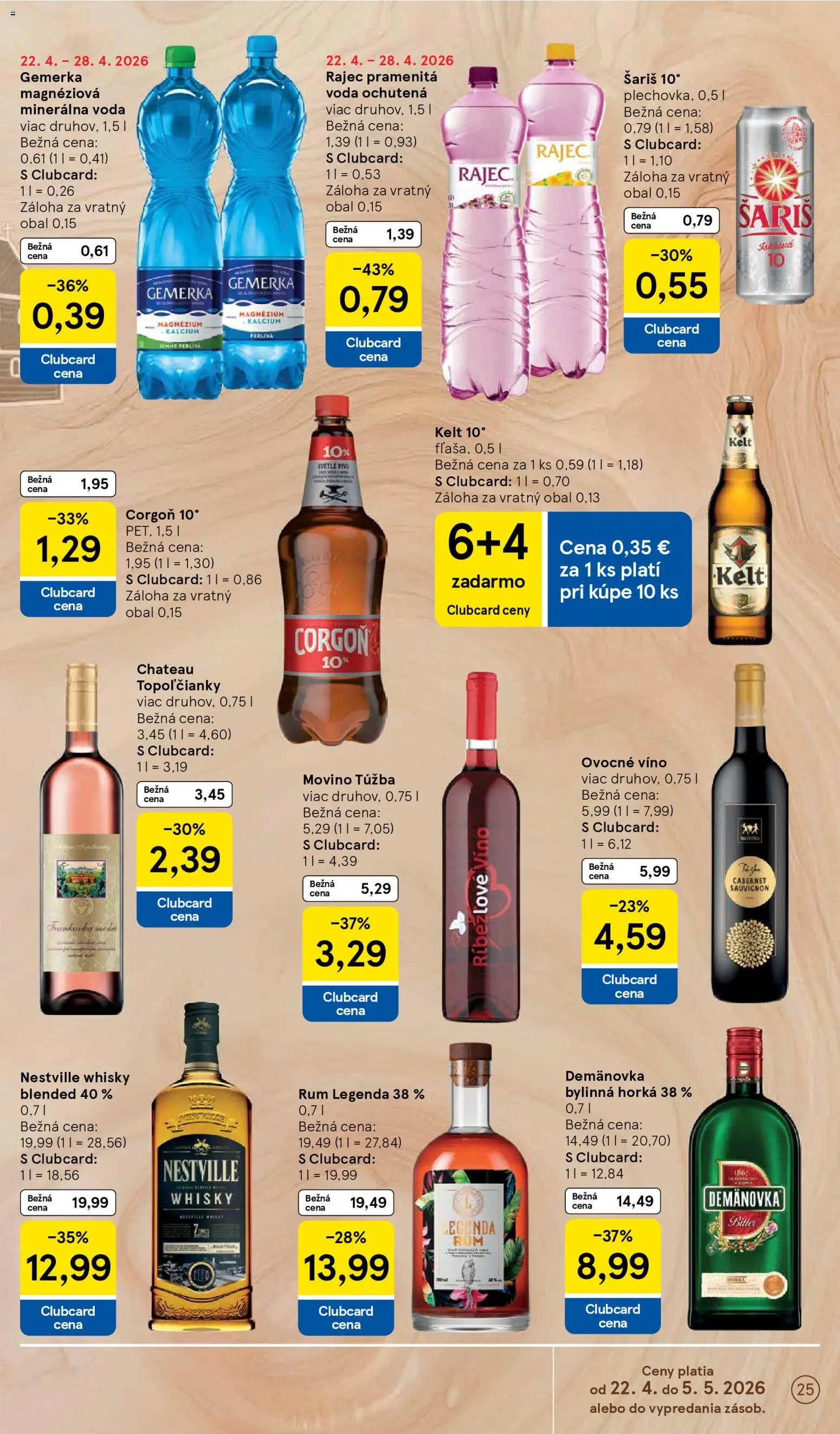Nové Tesco akcie – leták je platný od 22.04.2026 | Strana: 25 | Produkty: Pivo, Whisky, Voda, Rum