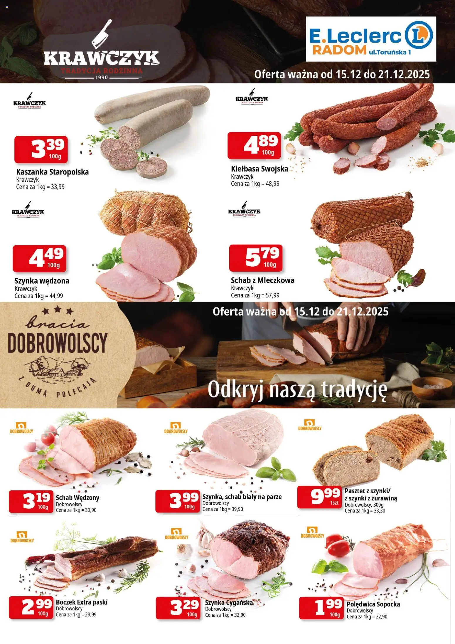 E.Leclerc Gazetka - Radom od 15.12.2025 | Strona: 1 | Produkty: Kiełbasa, Schab, Szynka, Boczek