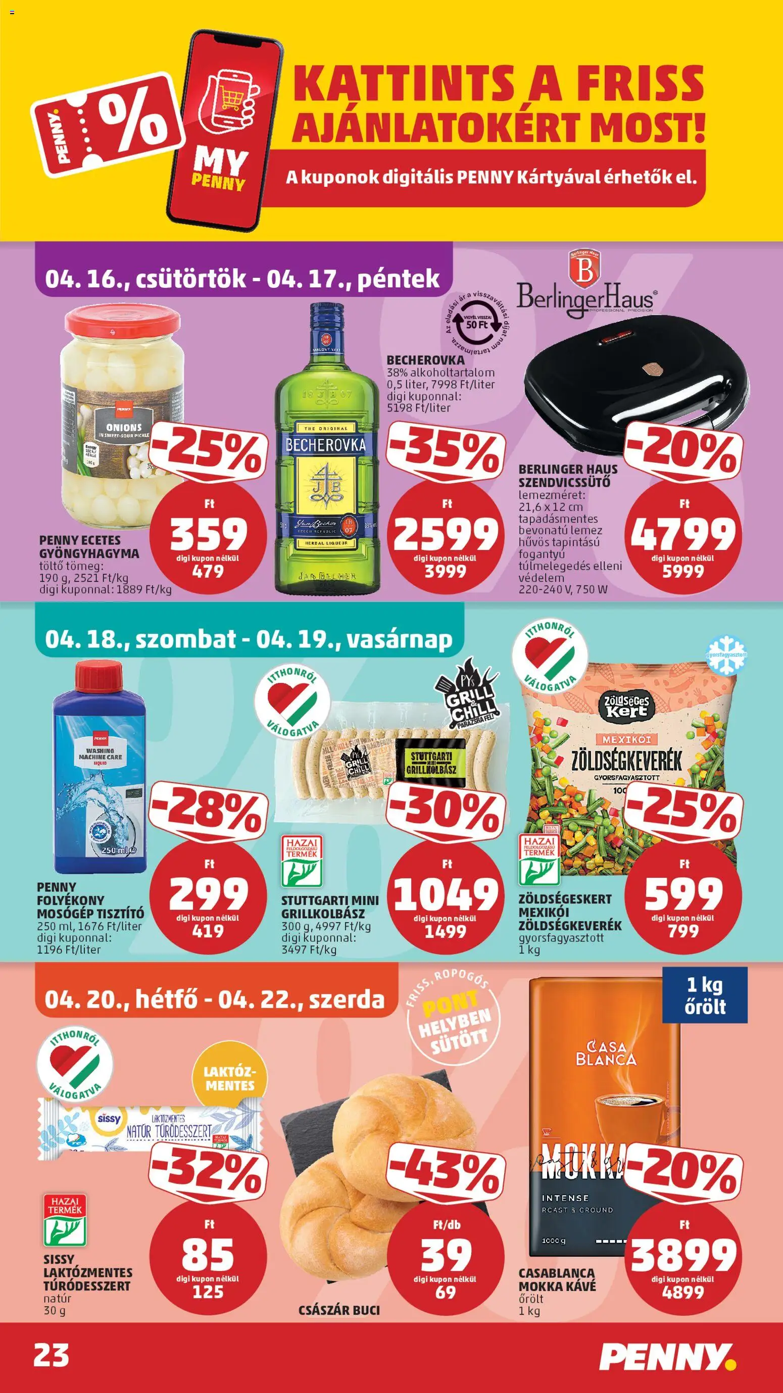PENNY akciós ujság - amely érvényes a következő dátumtól: 16.04.2026 | Oldal: 27 | Termékek: Grill, Becherovka, Töltő, Gyöngyhagyma