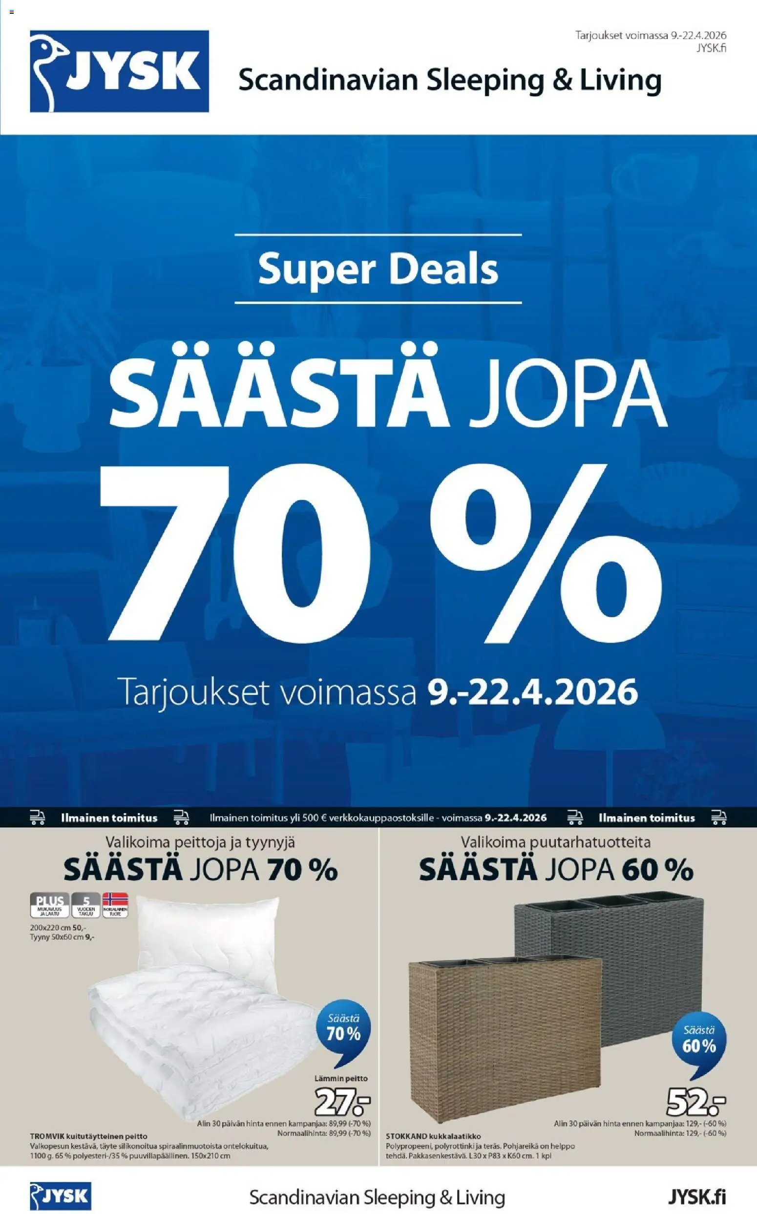 JYSK tarjoukset – voimassa 09.04.2026 alkaen | Sivu: 1 | Tuotteet: Tyyny, Peitto
