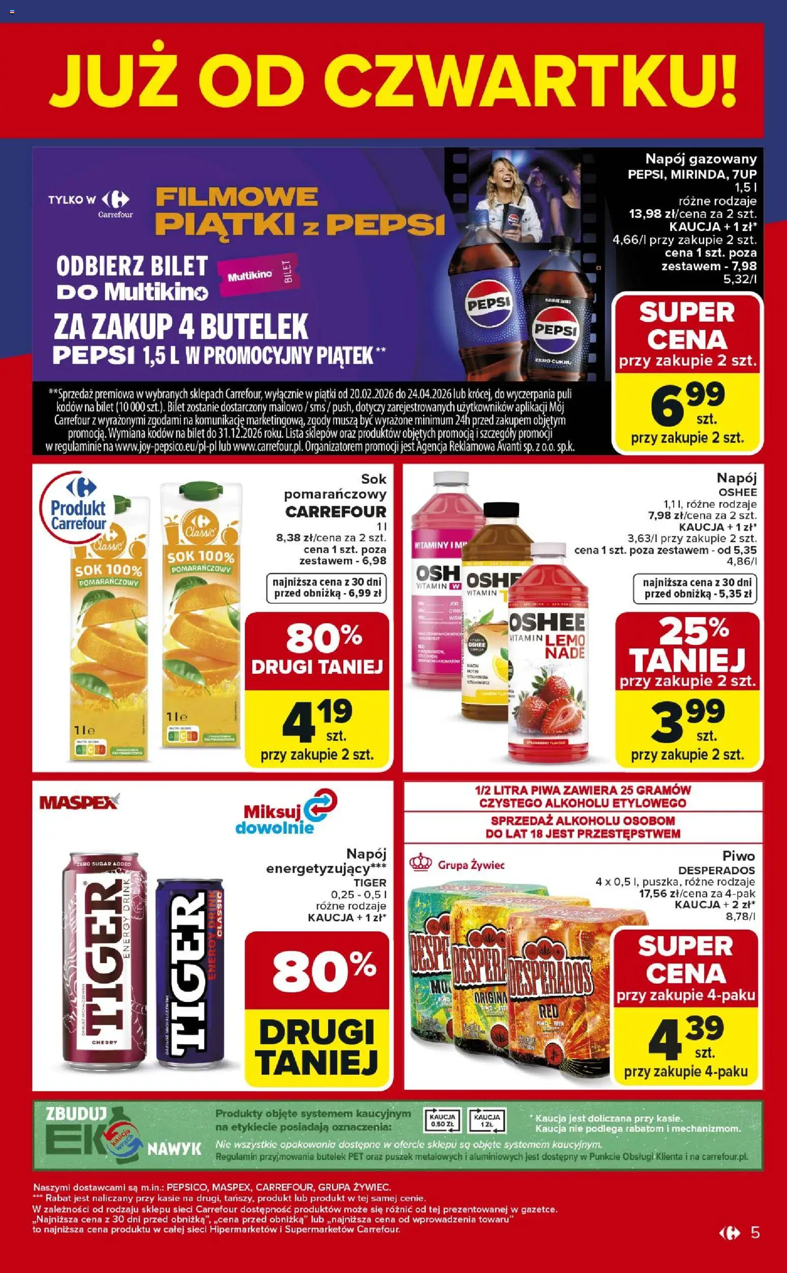 Carrefour Gazetka - Weekend okazji od 26.02.2026 | Strona: 5 | Produkty: Pepsi, Sok, Piwo