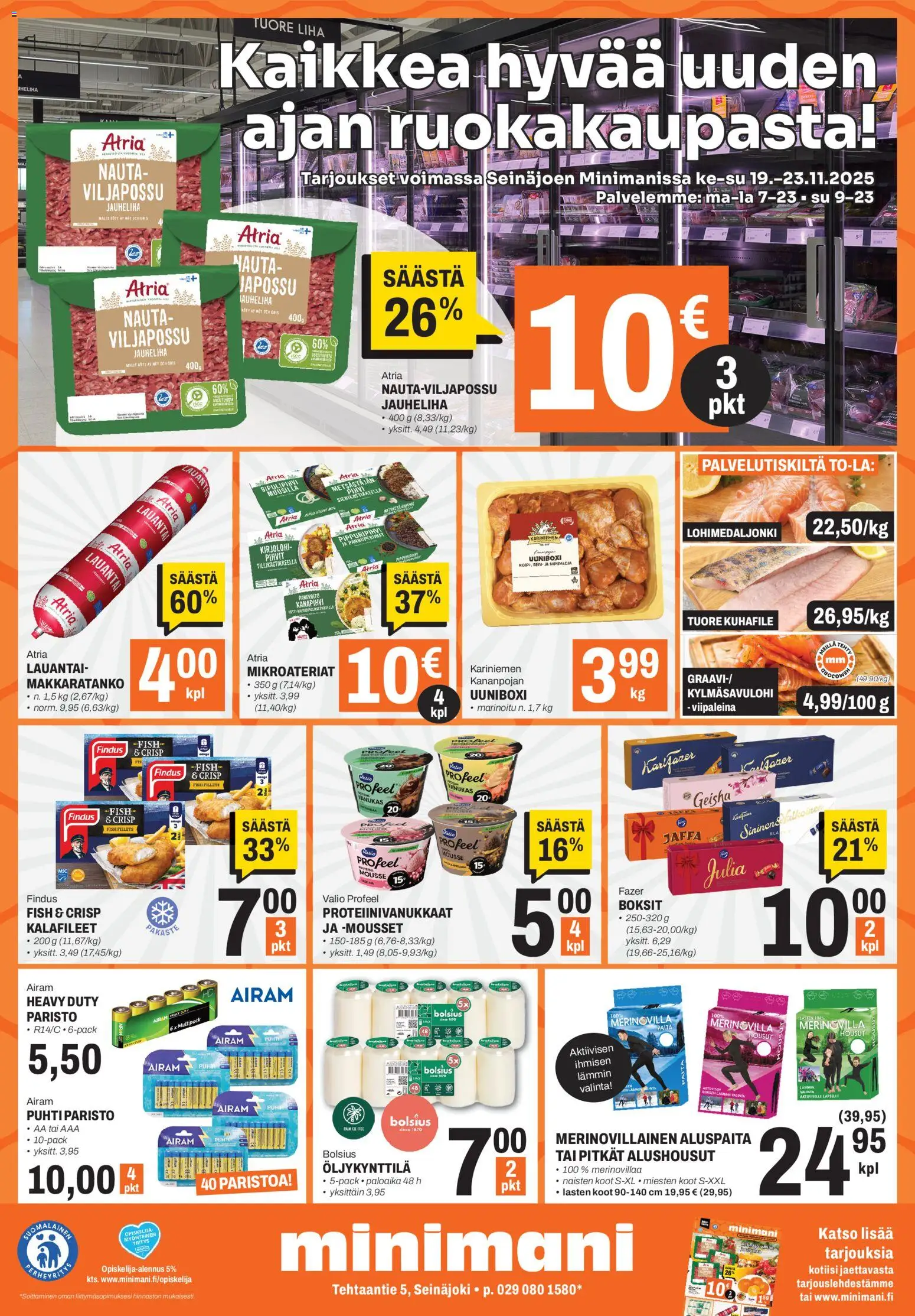 Minimani Tarjoukset - Seinäjoki – voimassa 19.11.2025 alkaen | Sivu: 1 | Tuotteet: Kirjolohi, Mousse, Housut, Alushousut