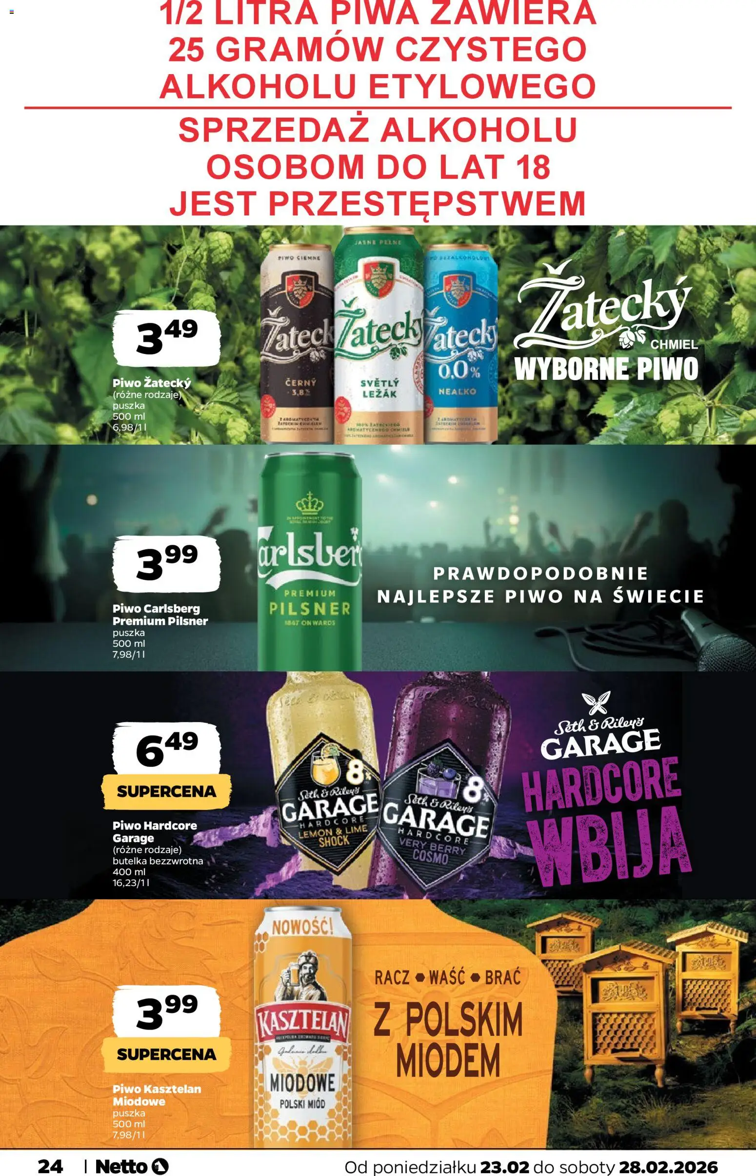 Netto gazetka - Spożywcza od 23.02.2026 | Strona: 24 | Produkty: Miód, Leżak, Piwo Carlsberg, Piwo