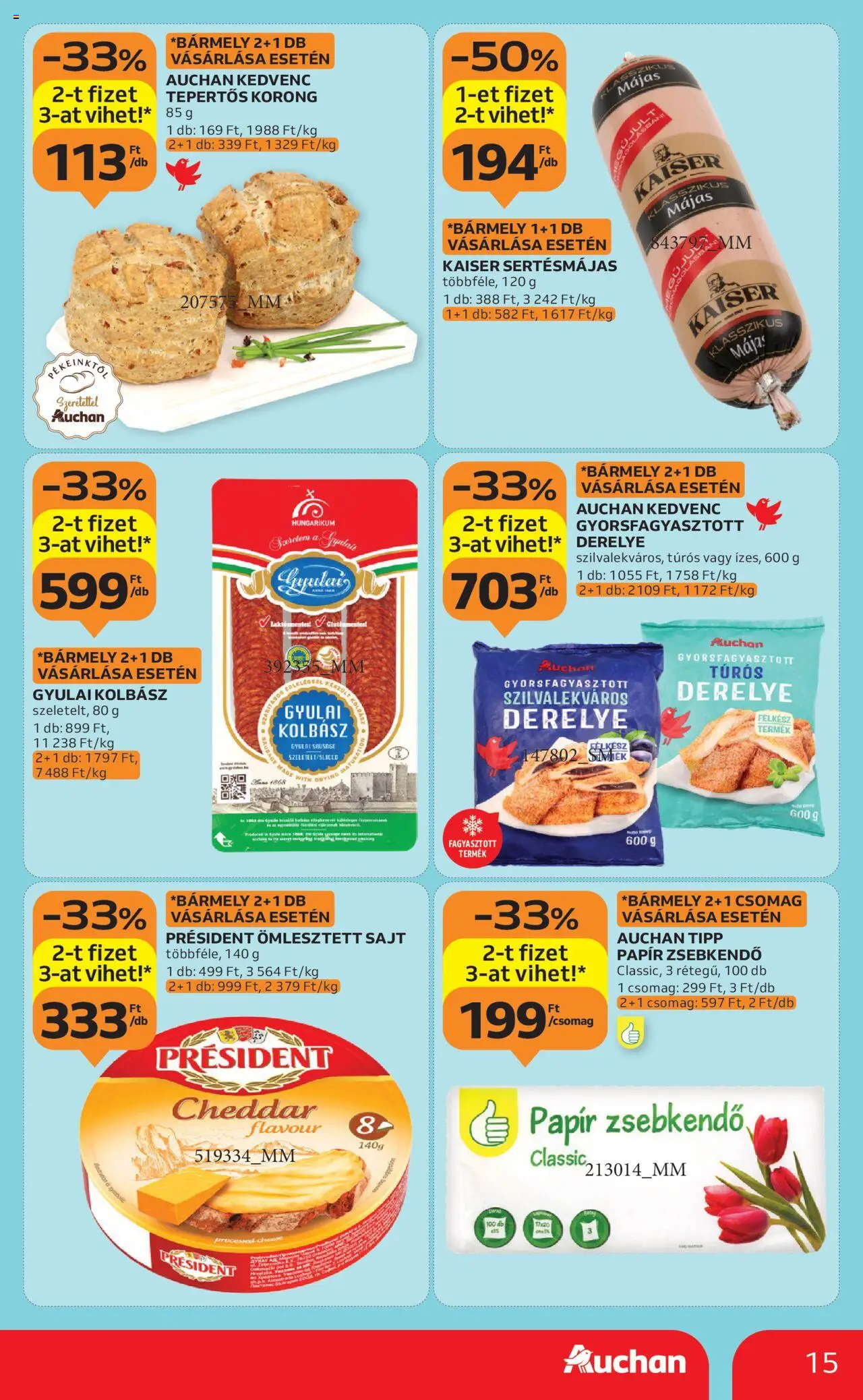 Auchan akciós ujság - amely érvényes a következő dátumtól: 09.10.2025 | Oldal: 15 | Termékek: Kolbász, Sajt, Cheddar, Derelye
