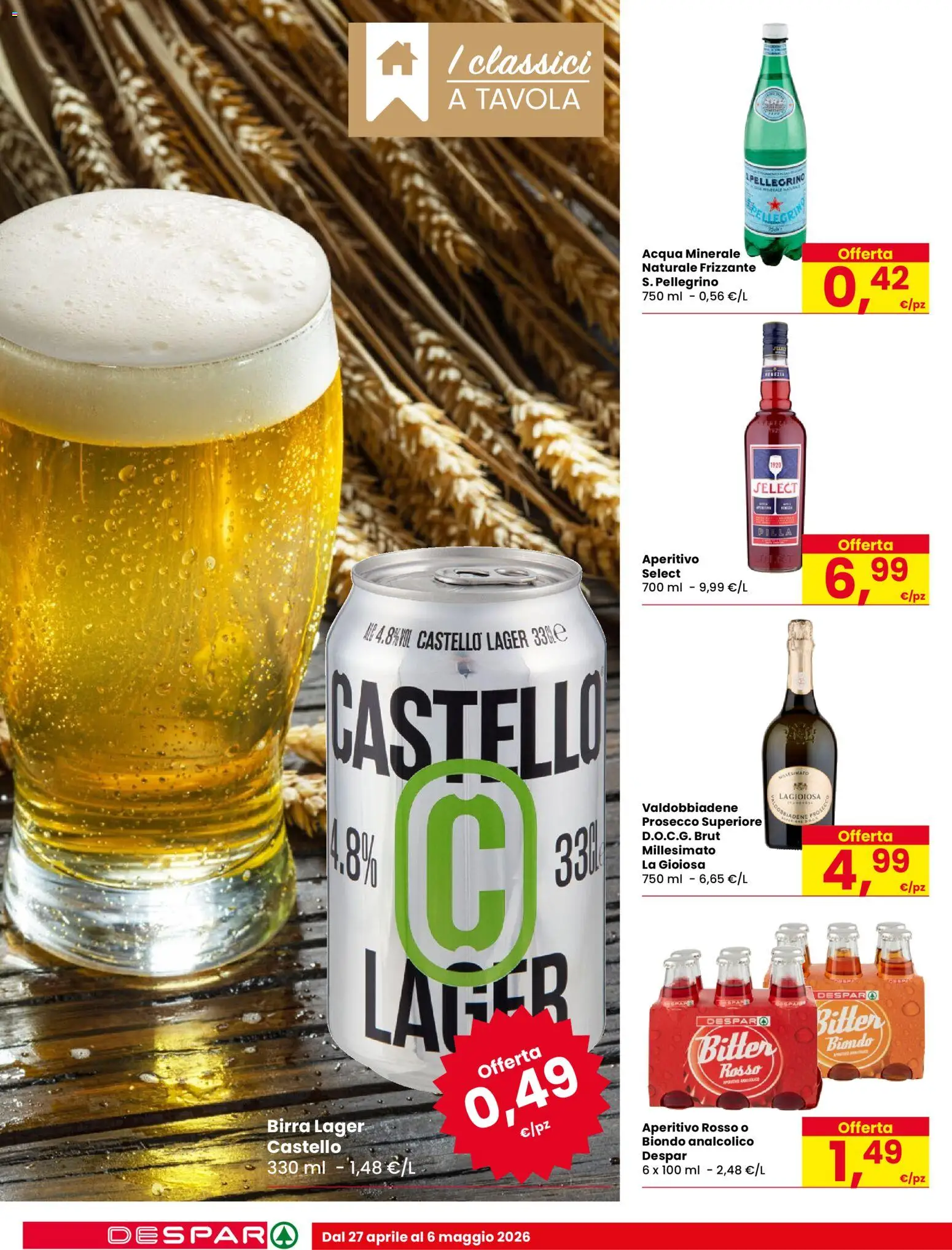 Volantino Despar del 27.04.2026 | Pagina: 14 | Prodotti: Birra, Prosecco, Acqua minerale, Aperitivo