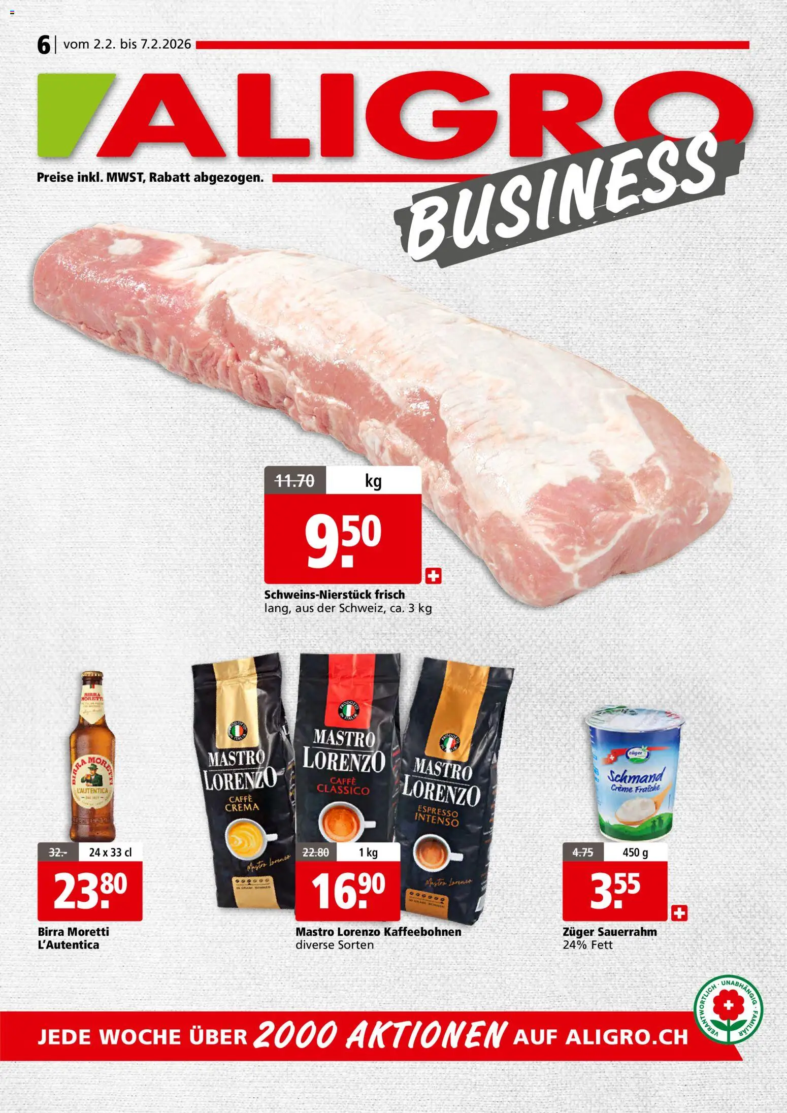 Aligro Aktionen Business Schlieren, Gossau SG, Frauenfeld, Rapperswil-Jona, Sargans, Bern, Brüttisellen, Pratteln, Emmen, Spreitenbach – gültig ab 02.02.2026 | Seite: 1 | Produkte: Sauerrahm, Creme