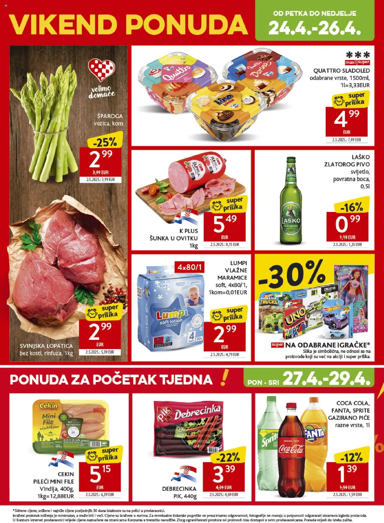 Konzum katalog | vrijedi od 22.04.2026 | Stranica: 45 | Proizvodi: Coca cola, Svinjska lopatica, Pivo, Laško