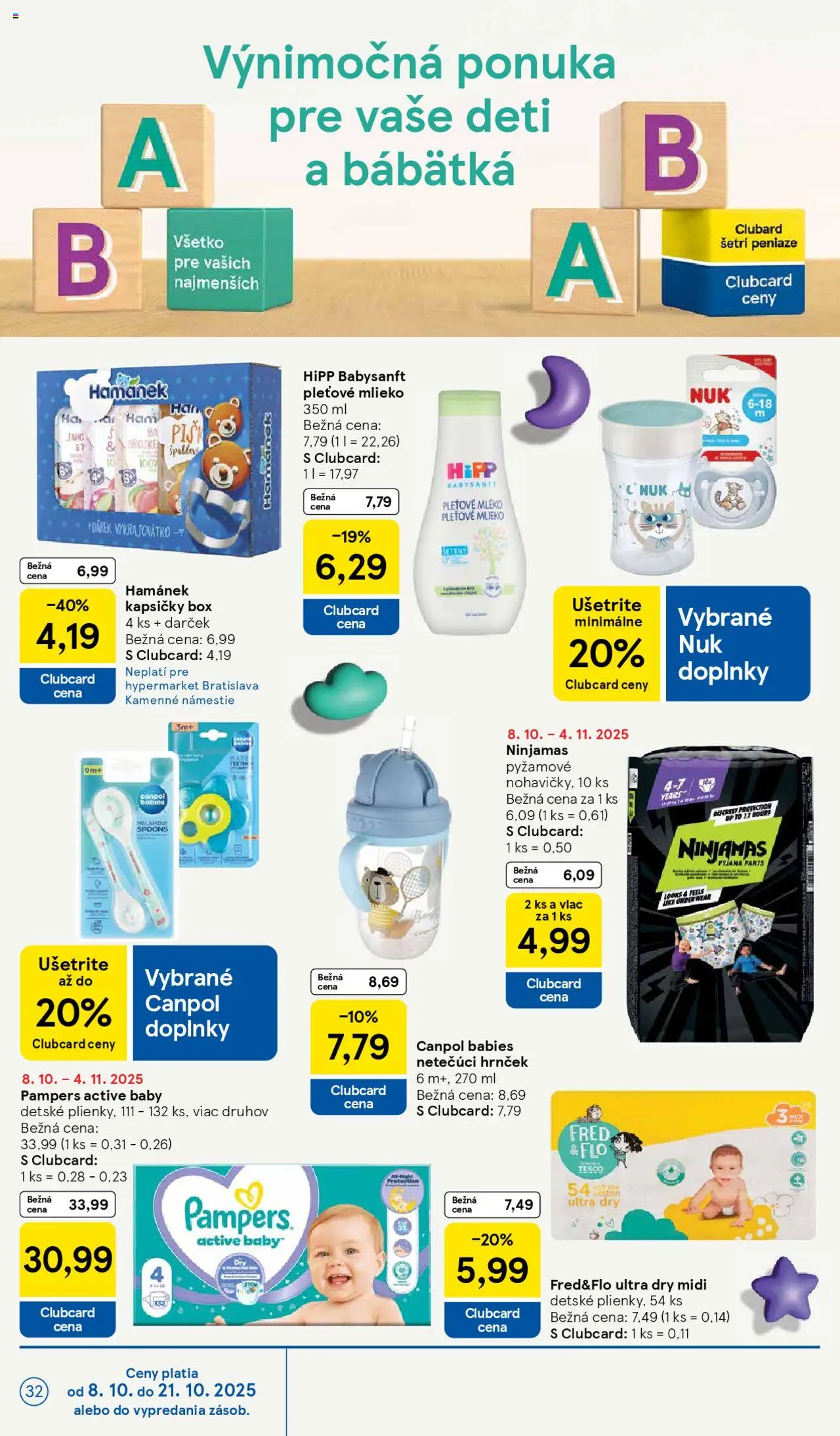 Nové Tesco akcie – leták je platný od 08.10.2025 | Strana: 32 | Produkty: Mlieko, Pampers