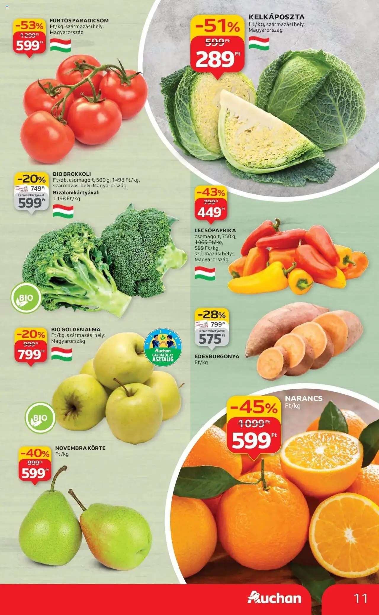 Auchan akciós ujság - amely érvényes a következő dátumtól: 16.10.2025 | Oldal: 11 | Termékek: Alma, Narancs, Paradicsom, Brokkoli