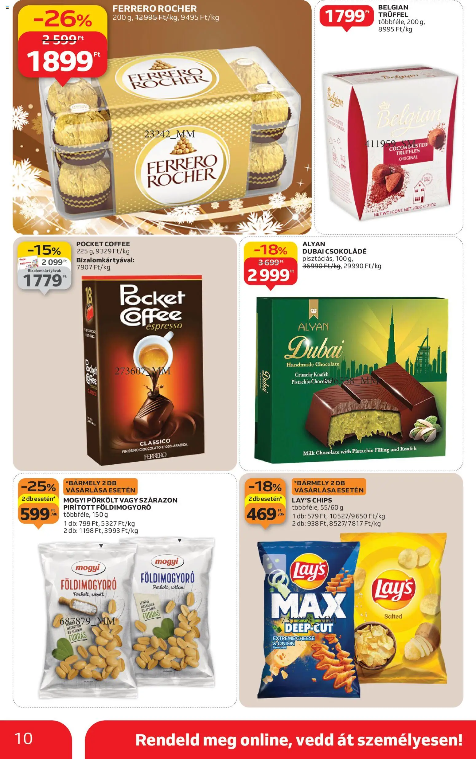 Auchan akciós ujság - amely érvényes a következő dátumtól: 11.12.2025 | Oldal: 10 | Termékek: Chips, Ferrero rocher, Csokoládé, Földimogyoró