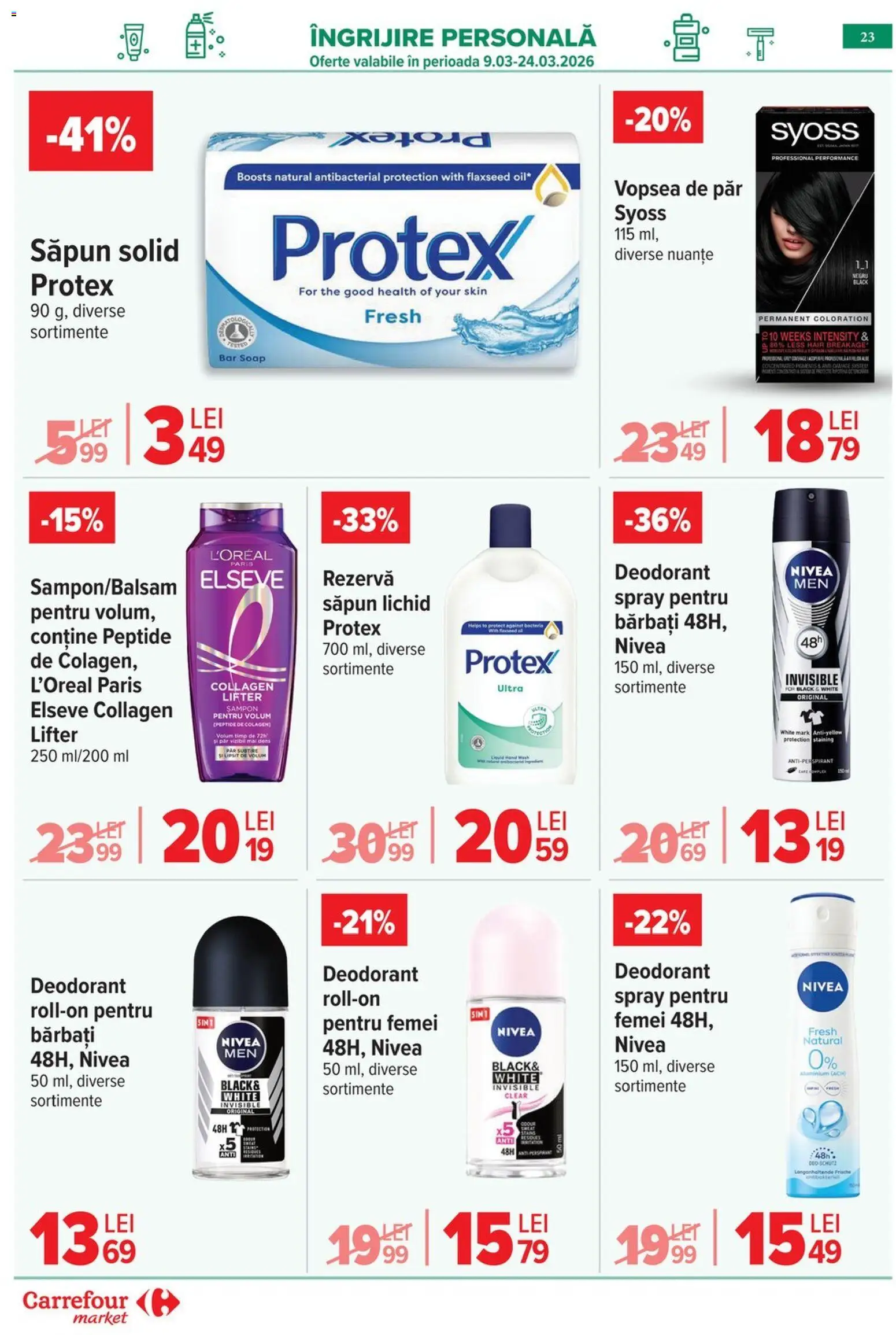 Noul catalog Carrefour – valabil de la 09.03.2026 | Pagină: 26 | Produse: Săpun solid, Săpun, Antiperspirant, Vopsea de păr