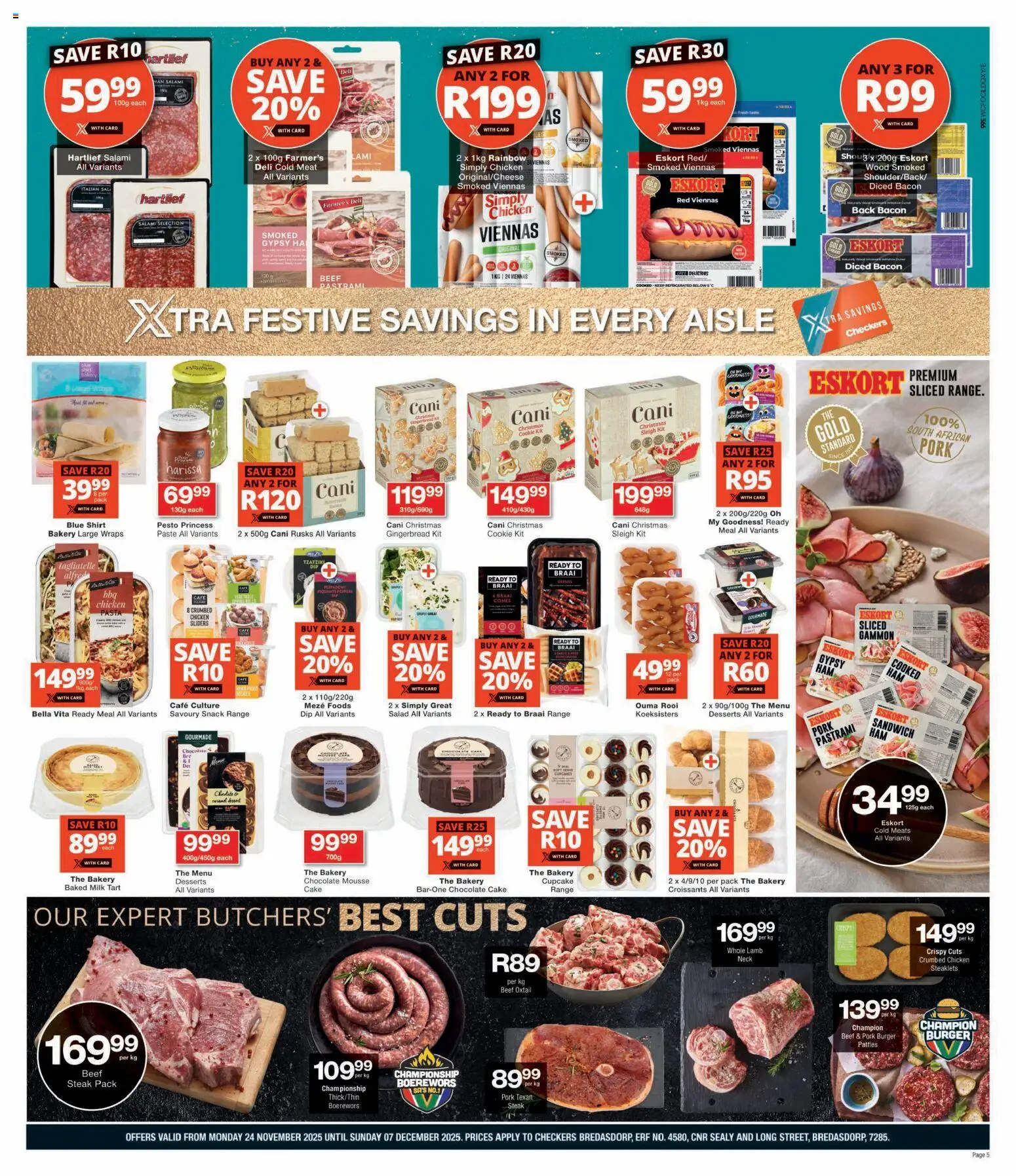 New Checkers catalogue – valid from 24.11.2025 | Page: 5 | Products: Cake, Boerewors, Milk, Bacon