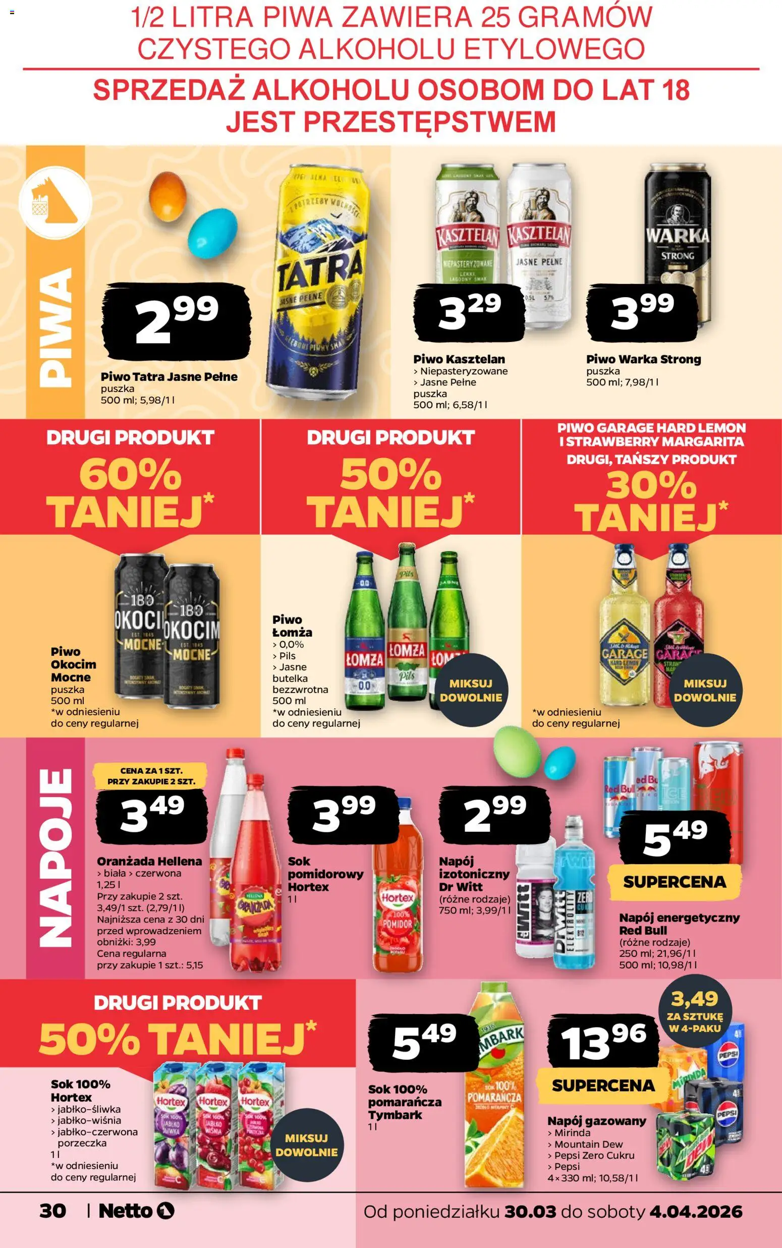Netto gazetka od poniedziałku spożywcza od 30.03.2026 | Strona: 30 | Produkty: Red bull, Pepsi, Warka, Sok