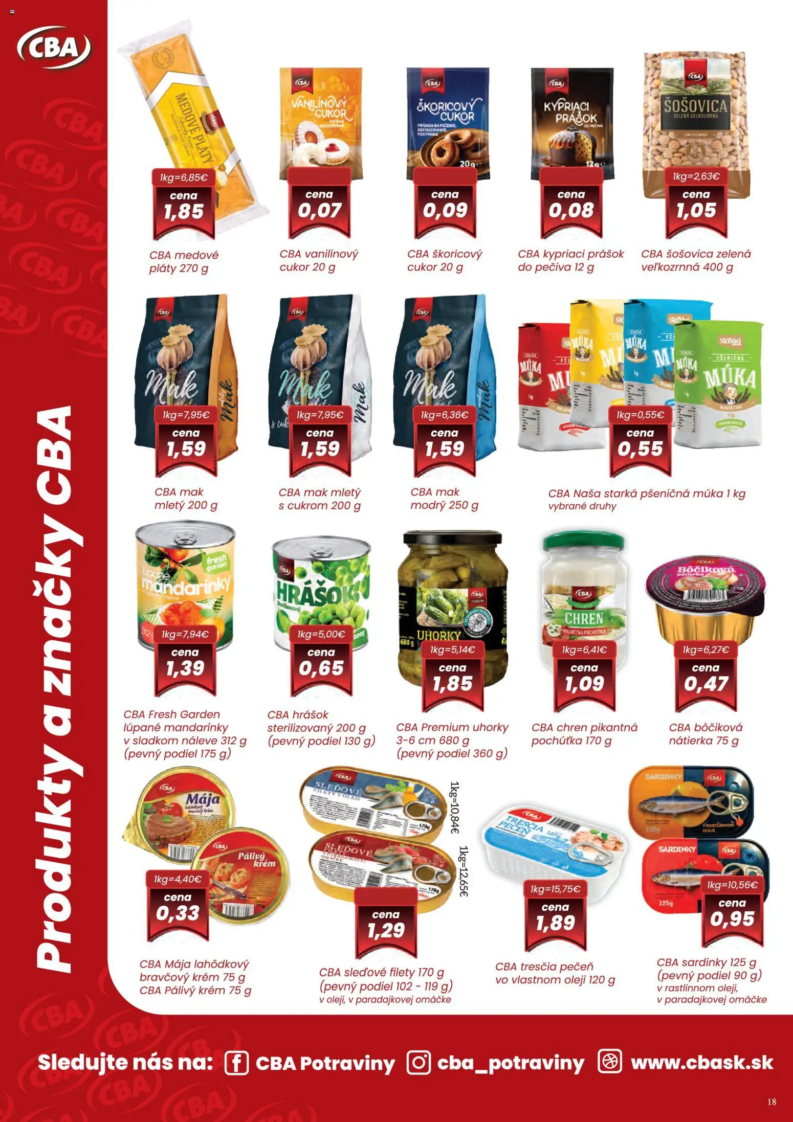 Nové CBA Komfos akcie – leták je platný od 05.03.2026 | Strana: 18 | Produkty: Sardinky, Cukor, Múka, Uhorky