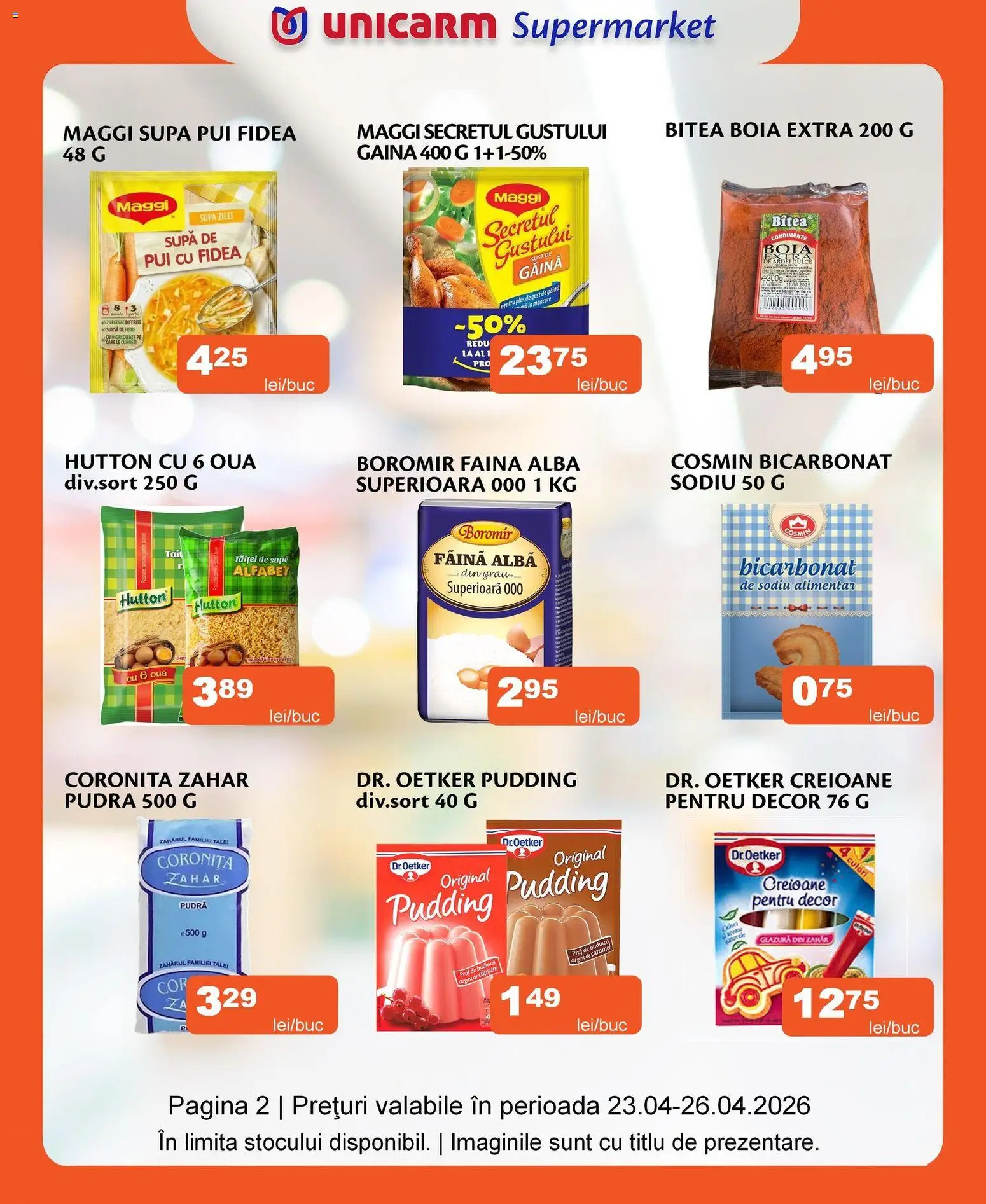 Noul catalog Unicarm – valabil de la 23.04.2026 | Pagină: 2 | Produse: Hacıyatmaz Kedi Oyuncağı, Făină, Paste, Condimente