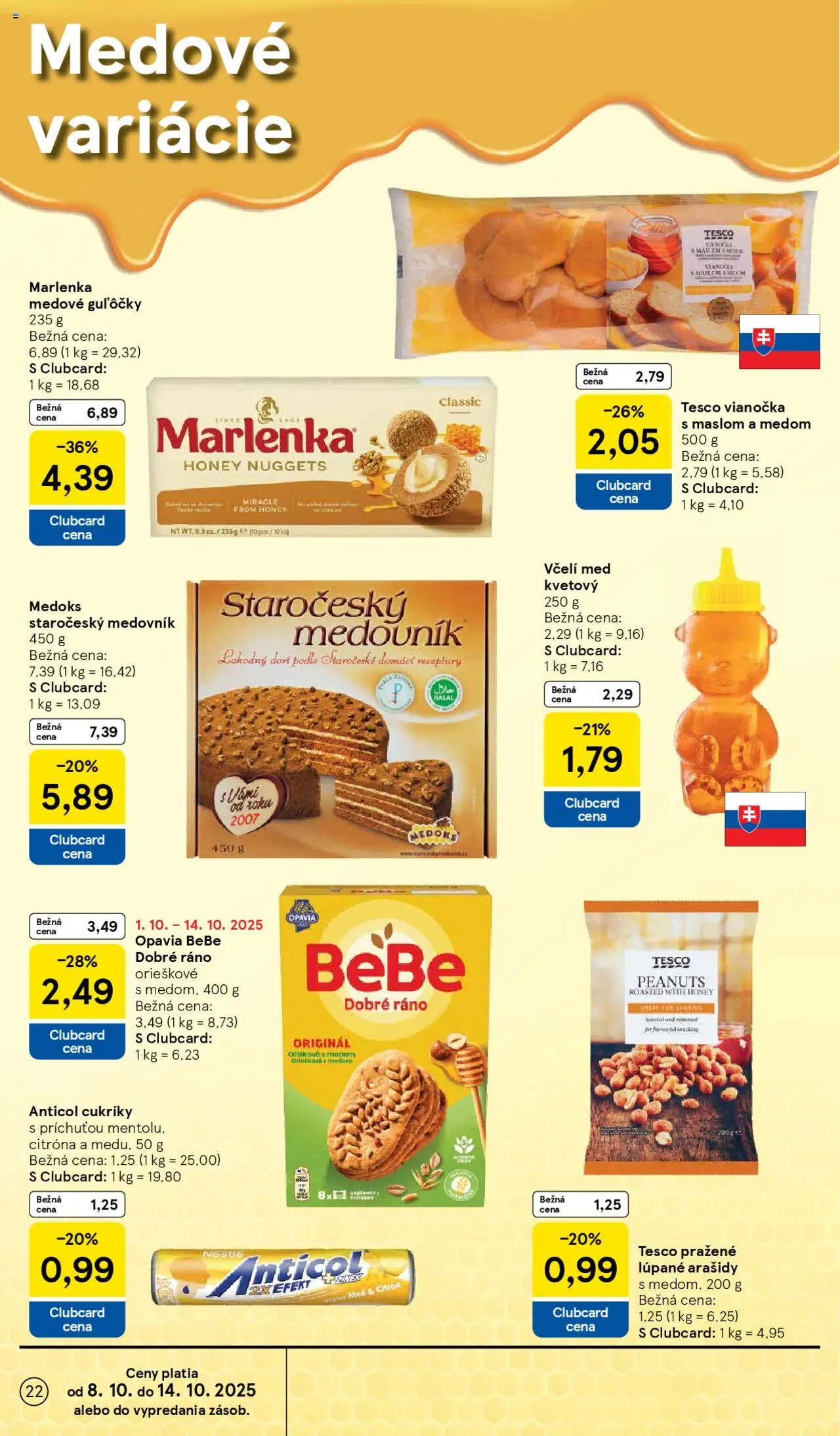 Nové Tesco akcie – leták je platný od 08.10.2025 | Strana: 22 | Produkty: BeBe Dobré ráno, Vianočka, Med, Arašidy