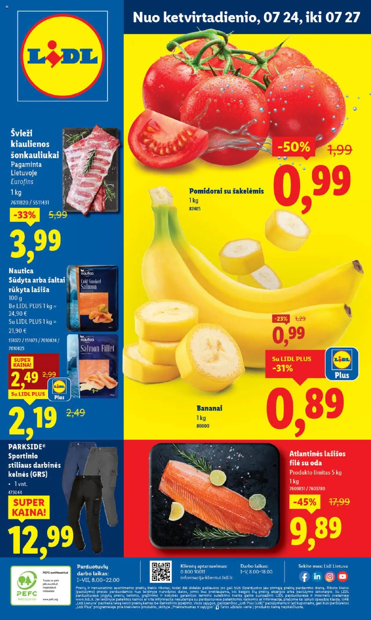 LIDL - Leidinys│galioja nuo 24.07.2025 | Puslapis: 1 | Prekių: Kiaulienos, Lašišos, Pomidorai, Bananai