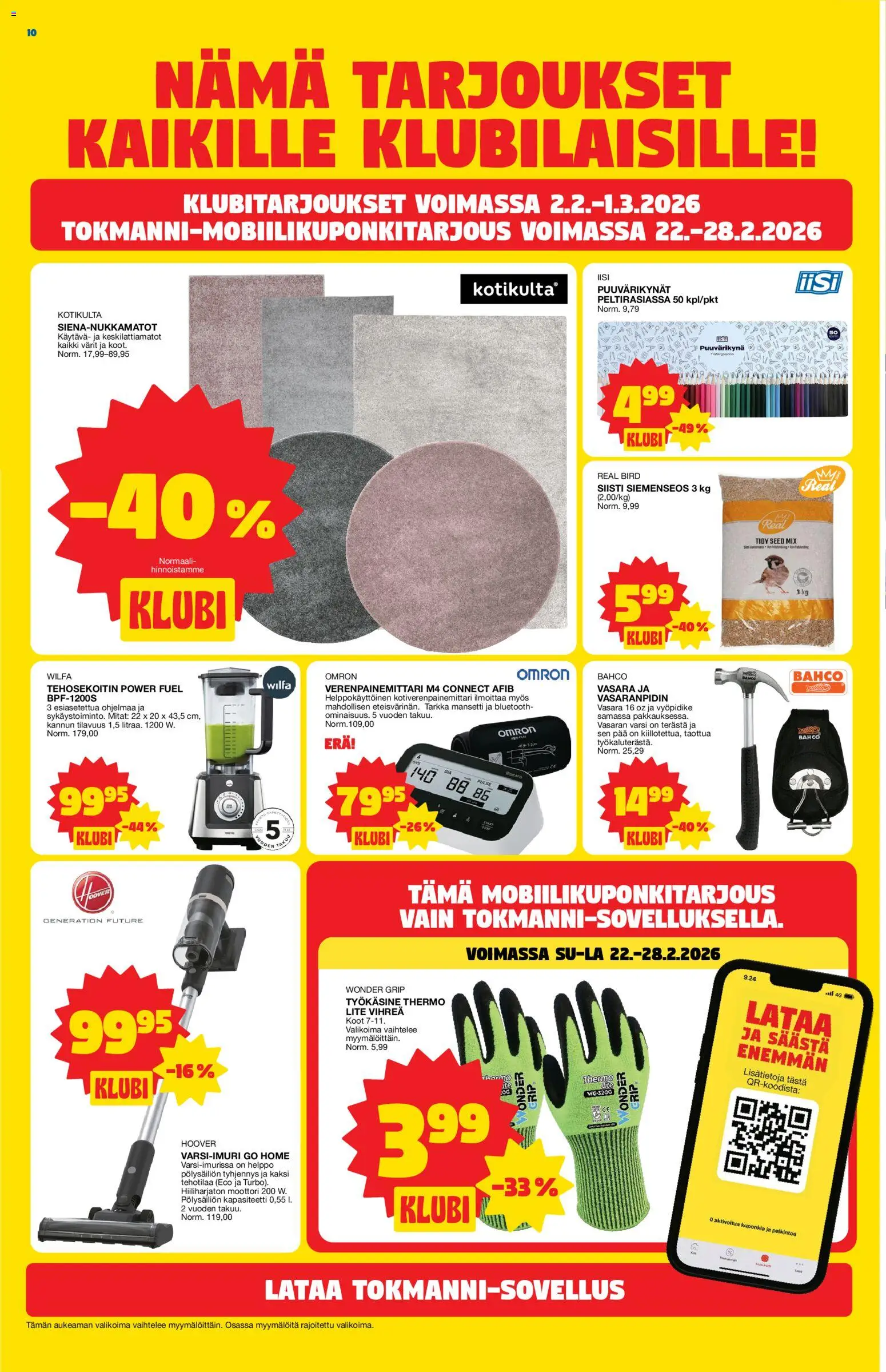 Tokmanni tarjoukset – voimassa 23.02.2026 alkaen | Sivu: 10 | Tuotteet: Varsi-imuri, Vasara, Tehosekoitin