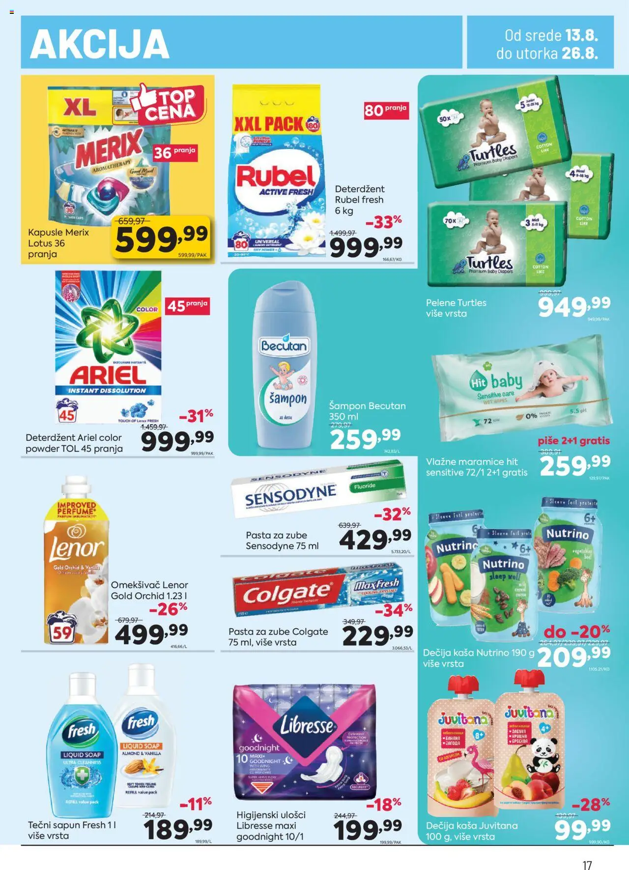 PerSu katalog - važi od 13.08.2025 | Strana: 17 | Proizvode: Tečni sapun, Colgate, Vlažne maramice, Pelene