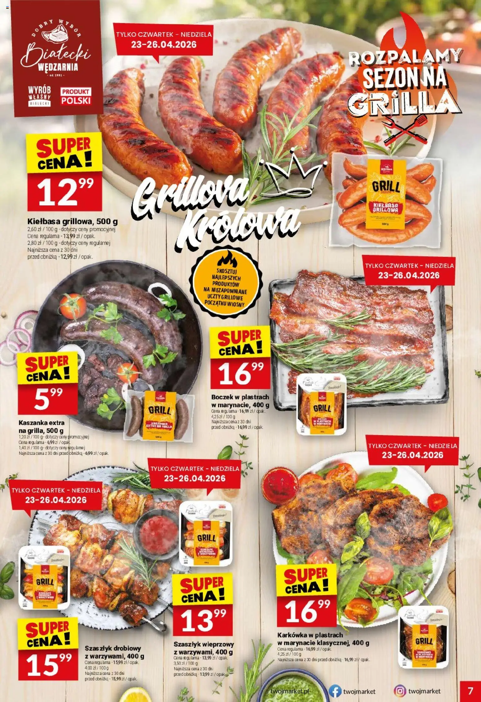 Twój Market gazetka od 22.04.2026 | Strona: 7 | Produkty: Kiełbasa, Karkówka, Grill, Boczek