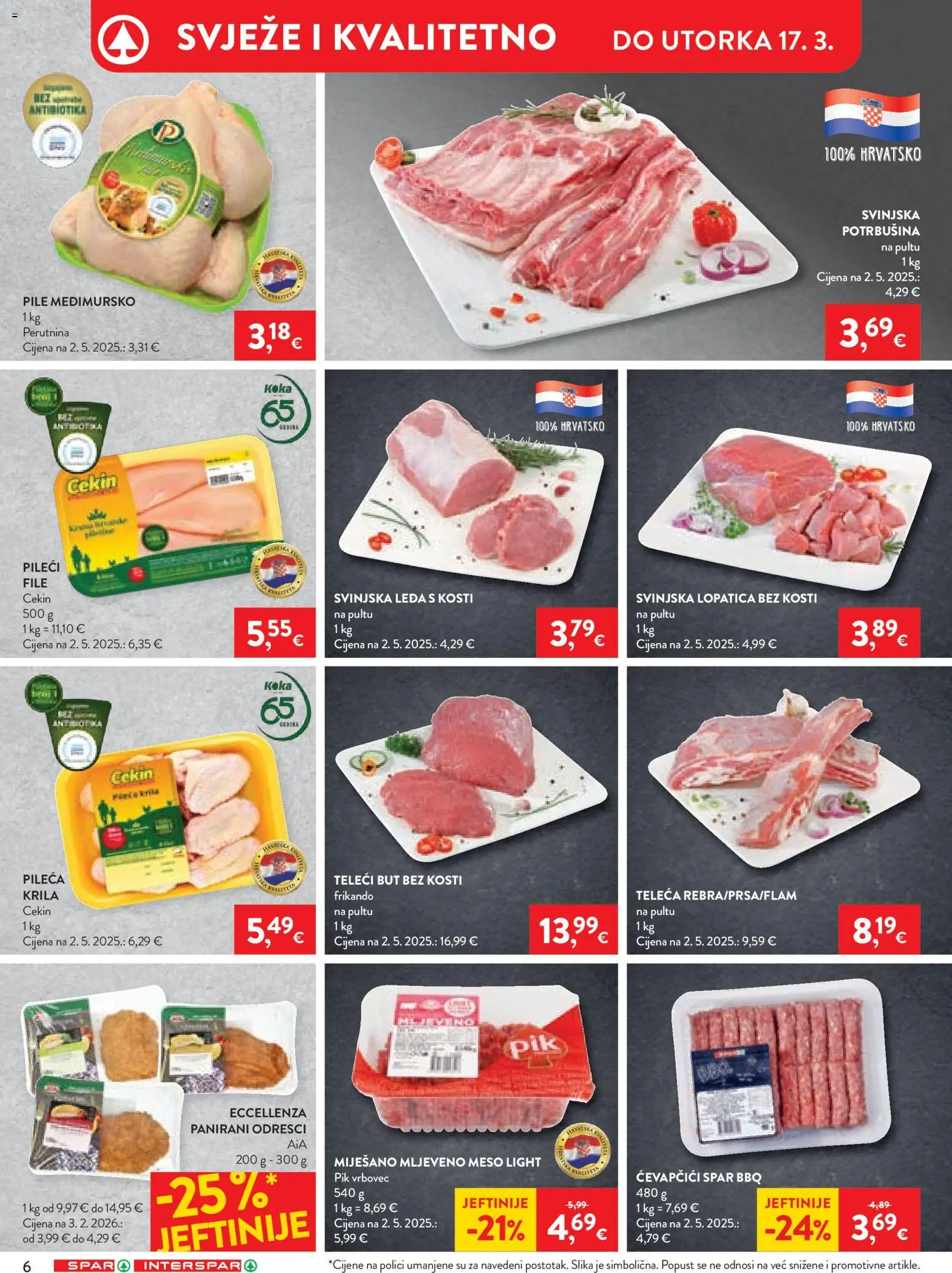 Spar katalog | vrijedi od 08.03.2026 | Stranica: 6 | Proizvodi: Svinjska lopatica, Pileći file, Mljeveno meso, Pik Vrbovec