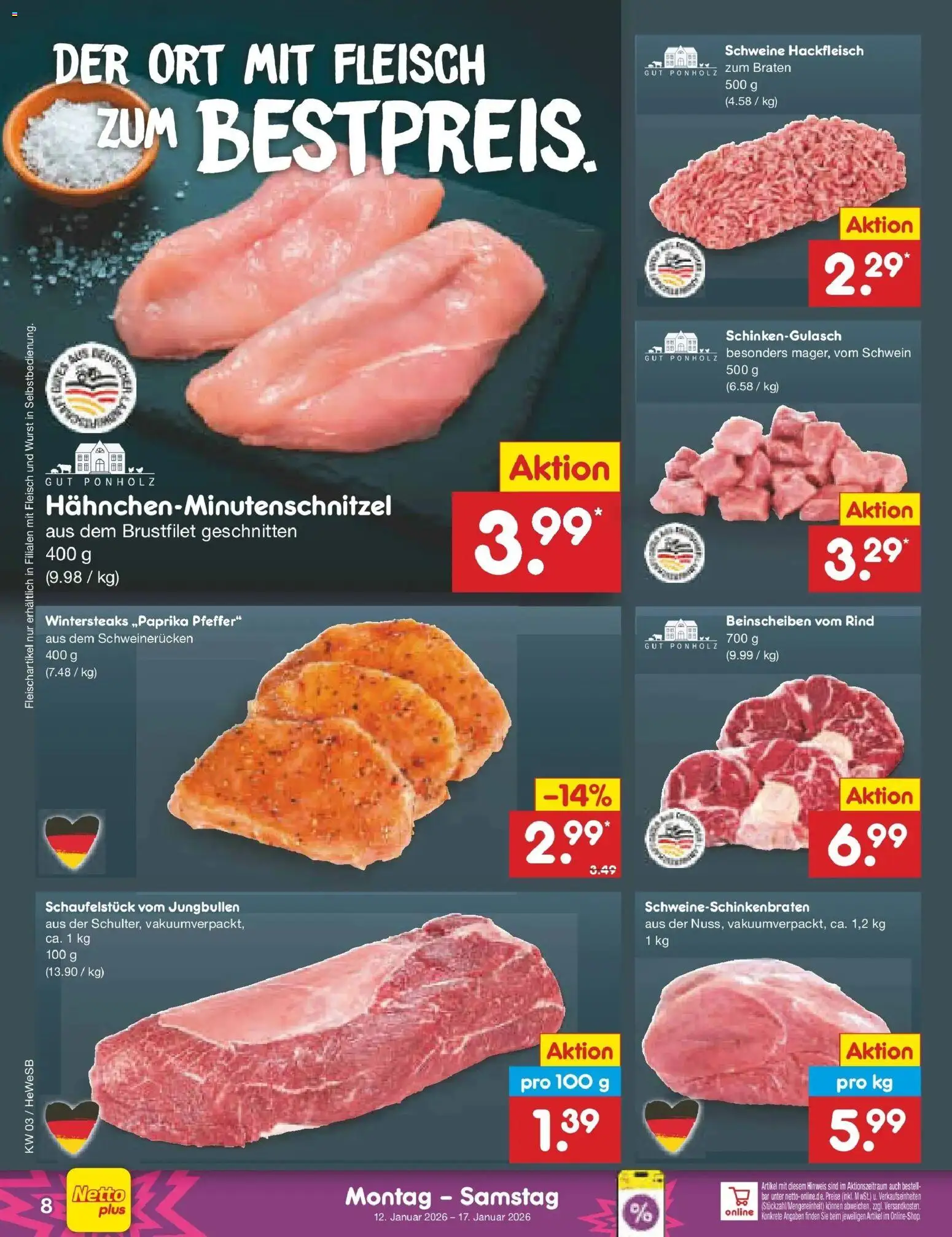 Netto Marken-Discount prospekt Hamburg	 – gültig ab 12.01.2026 | Seite: 8 | Produkte: Pfeffer, Schweinerucken, Fleisch, Hackfleisch