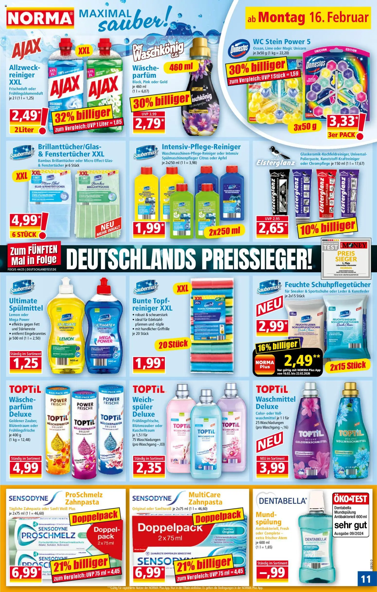 Norma Prospekt 	 – gültig ab 16.02.2026 | Seite: 11 | Produkte: Parfüm, Zahnpasta, Weichspüler, WC Stein