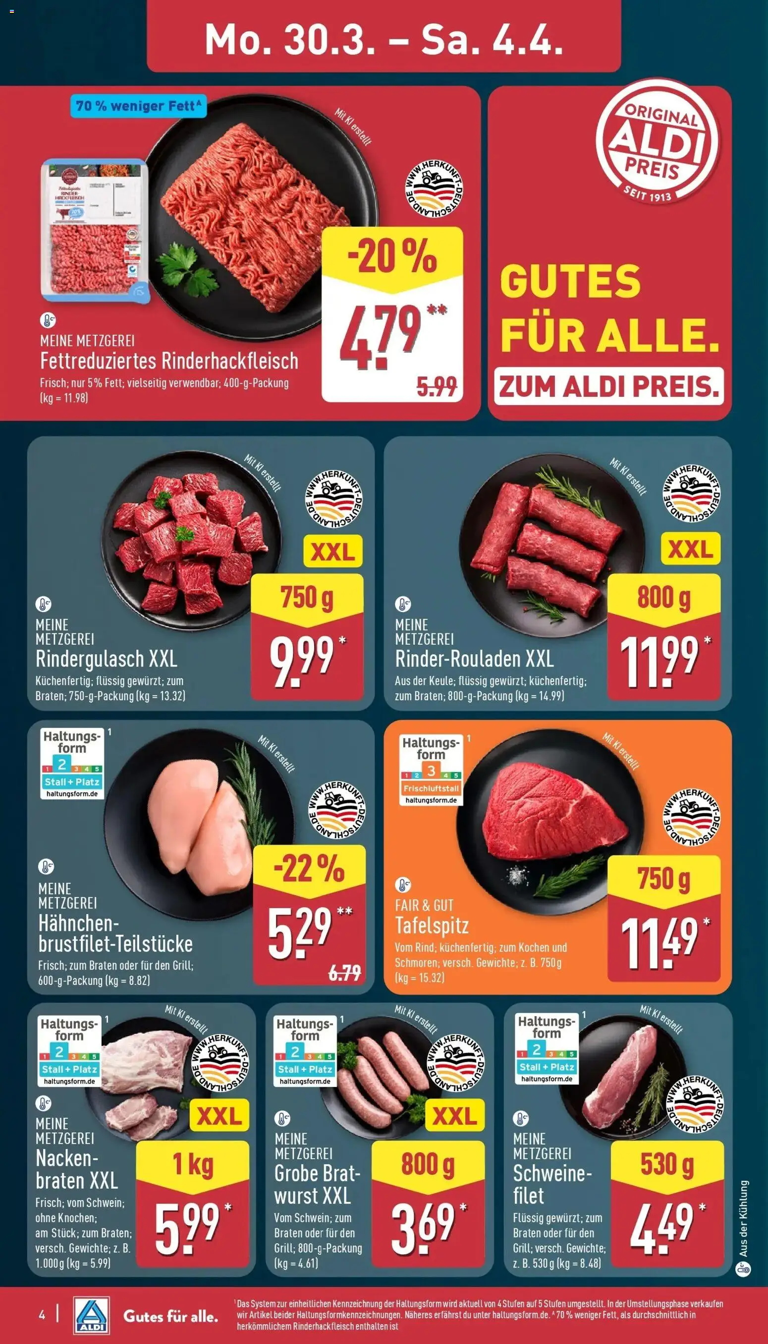 Aldi Wochenangebote – gültig ab 30.03.2026 | Seite: 4 | Produkte: Rinderrouladen, Tafelspitz, Rindergulasch, Hahnchen