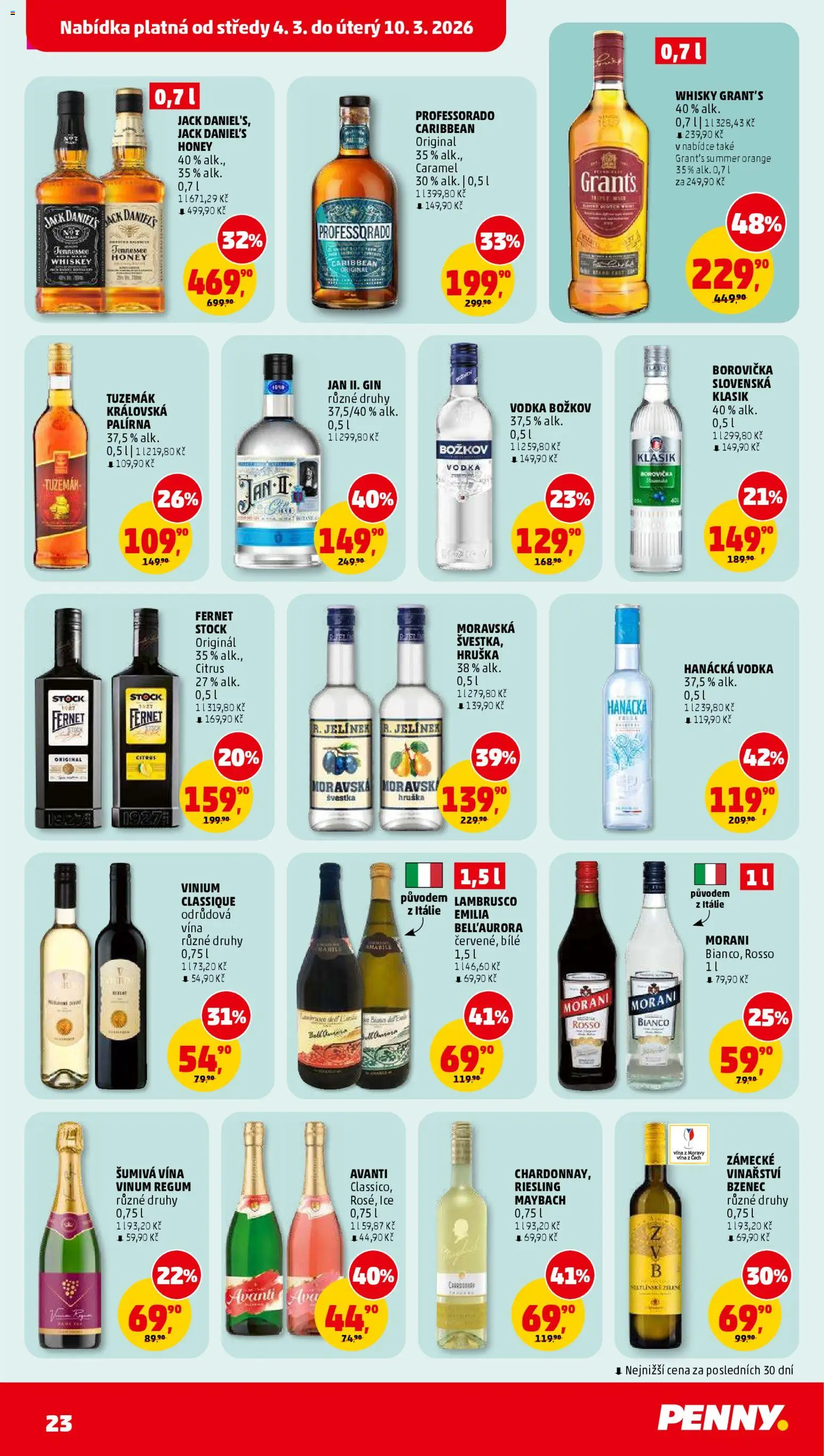 Penny Market leták od 04.03.2026 | Strana: 23 | Produkty: Vodka Božkov, Hanácká vodka, Gin, Riesling