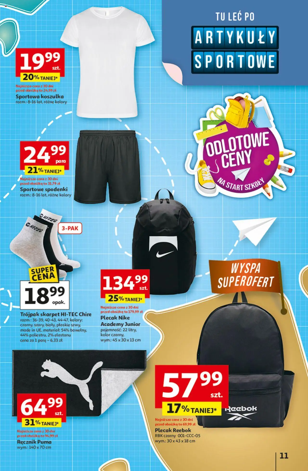 Auchan Gazetka - Odlotowe ceny na start szkoły Hipermarket od 28.08.2025 | Strona: 11 | Produkty: Spodenki, Plecak