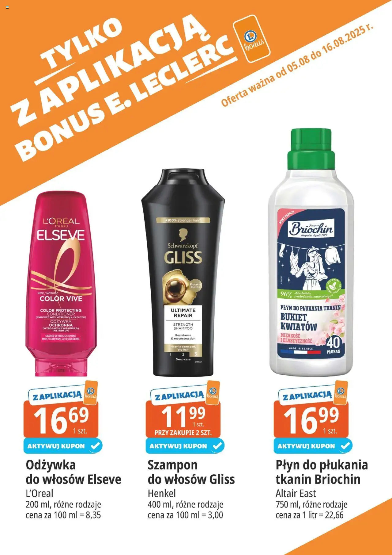 E.Leclerc Gazetka - Elbląg kupony dodatkowe od 05.08.2025 | Strona: 18 | Produkty: Płyn do płukania tkanin, Zapach, Szampon, Odżywka