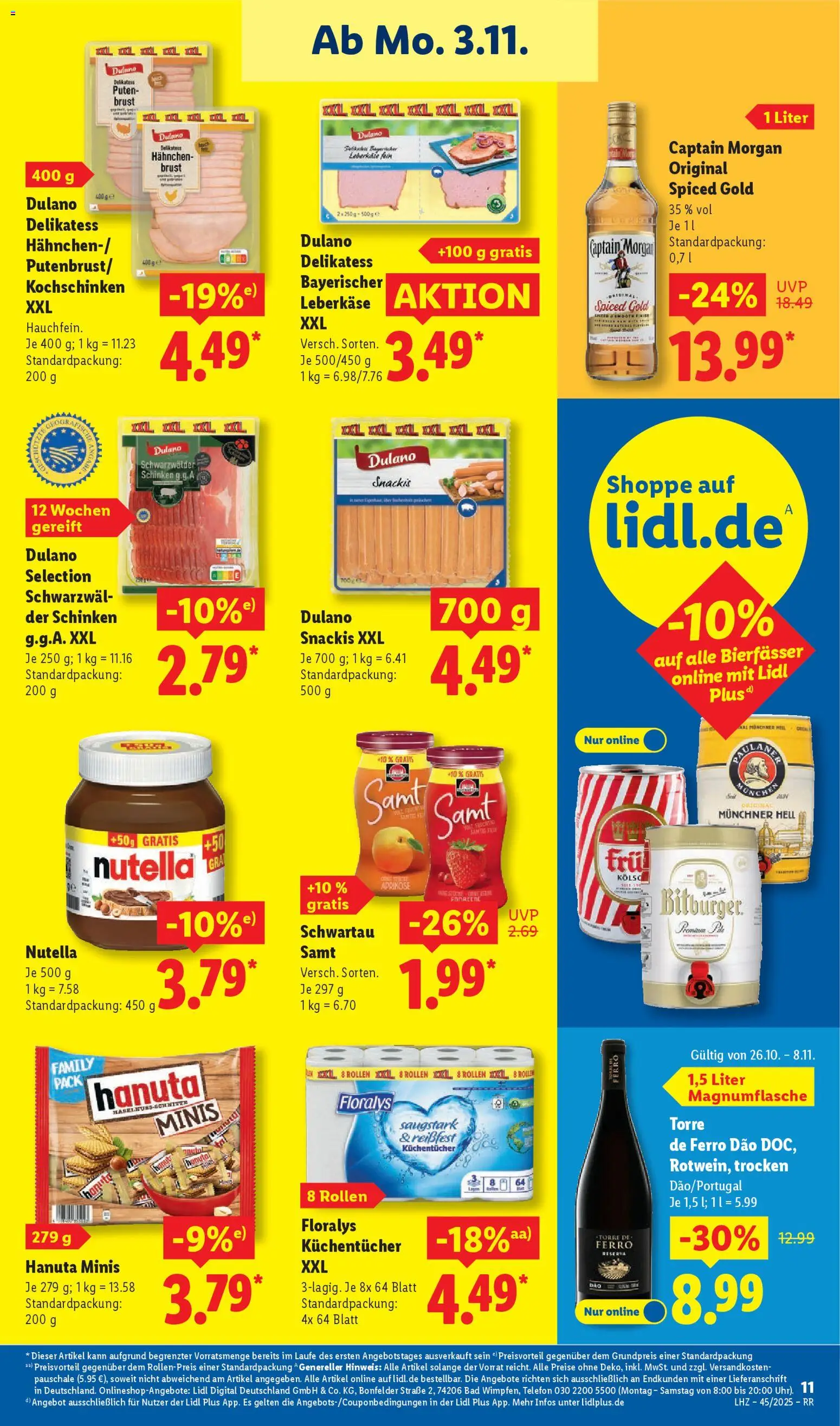 Lidl Prospekt Düsseldorf – gültig ab 03.11.2025 | Seite: 19 | Produkte: Hahnchen, Nutella, Captain morgan, Leberkase