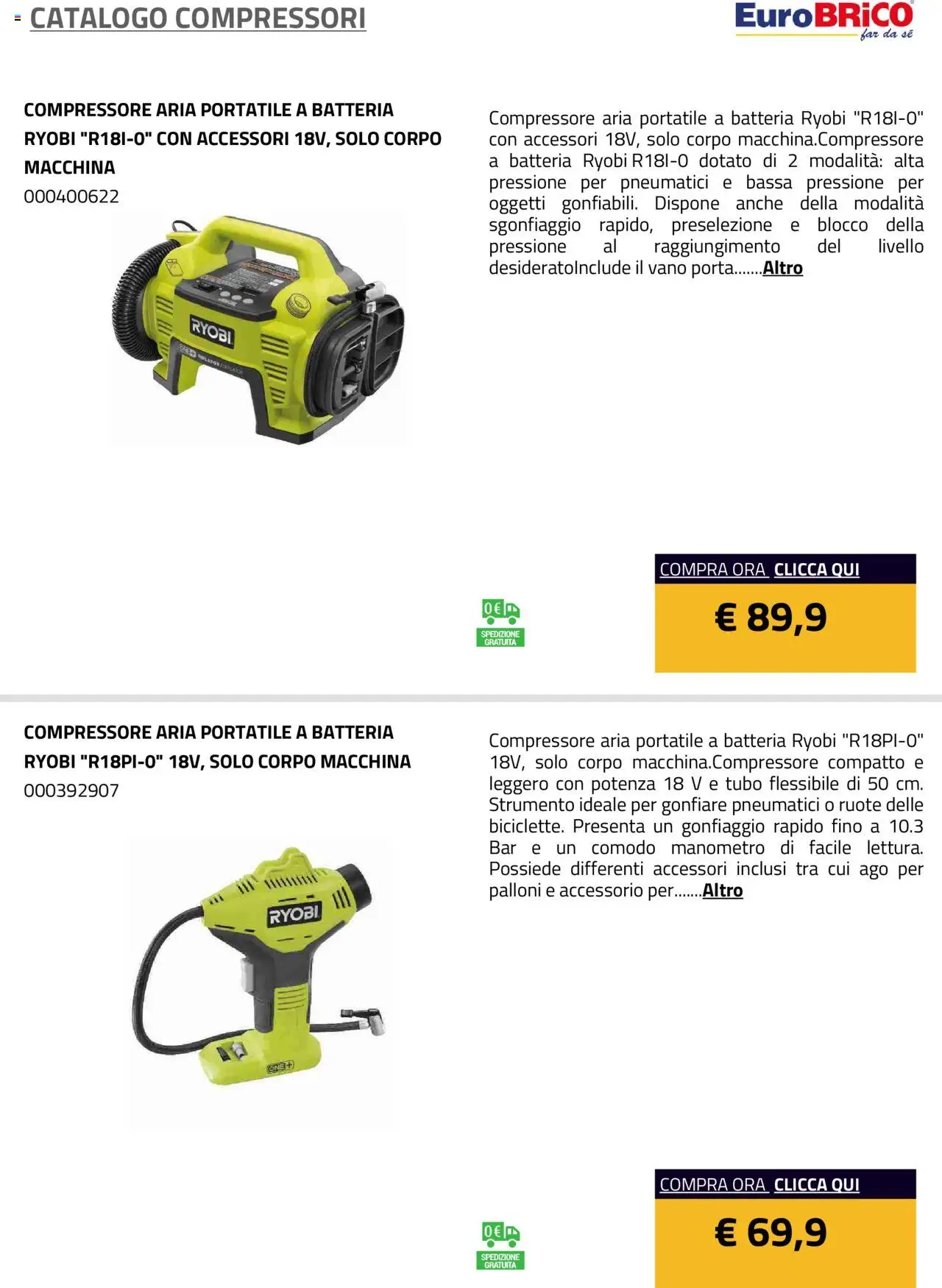 Volantino Eurobrico del 23.07.2025 | Pagina: 12 | Prodotti: Compressore, Tubo, Manometro, Batteria
