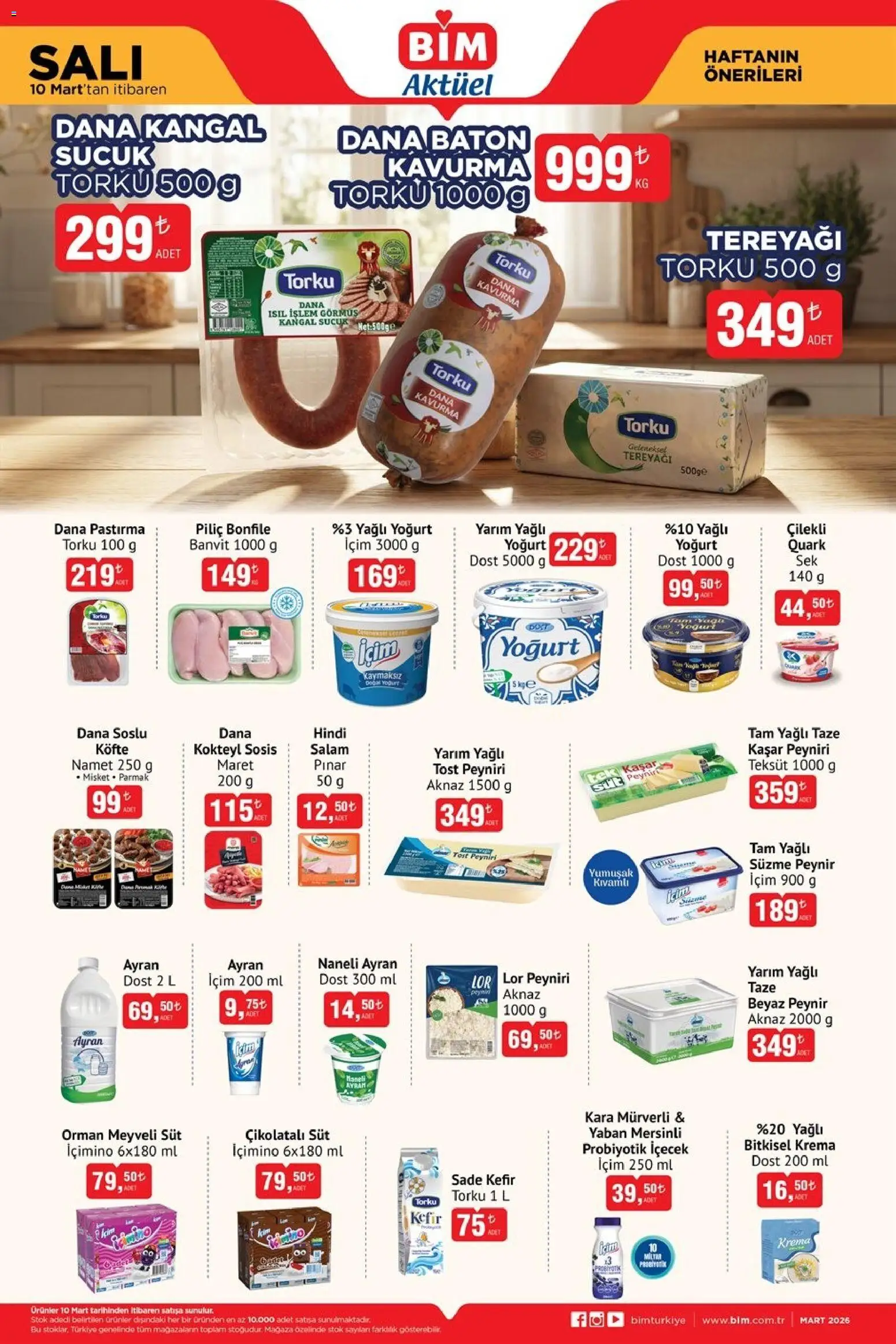 BİM Katalog - 10.03.2026 tarihinden itibaren geçerlidir | Sayfa: 1 | Ürünler: Kefir, Süt, Süzme peynir, Piliç bonfile