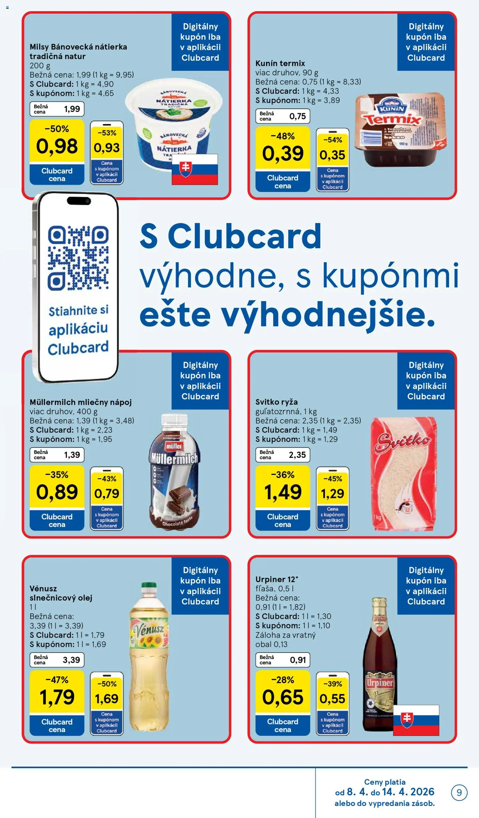Nové Tesco akcie – leták je platný od 08.04.2026 | Strana: 9 | Produkty: Olej, Ryža, Slnečnicový olej, Urpiner