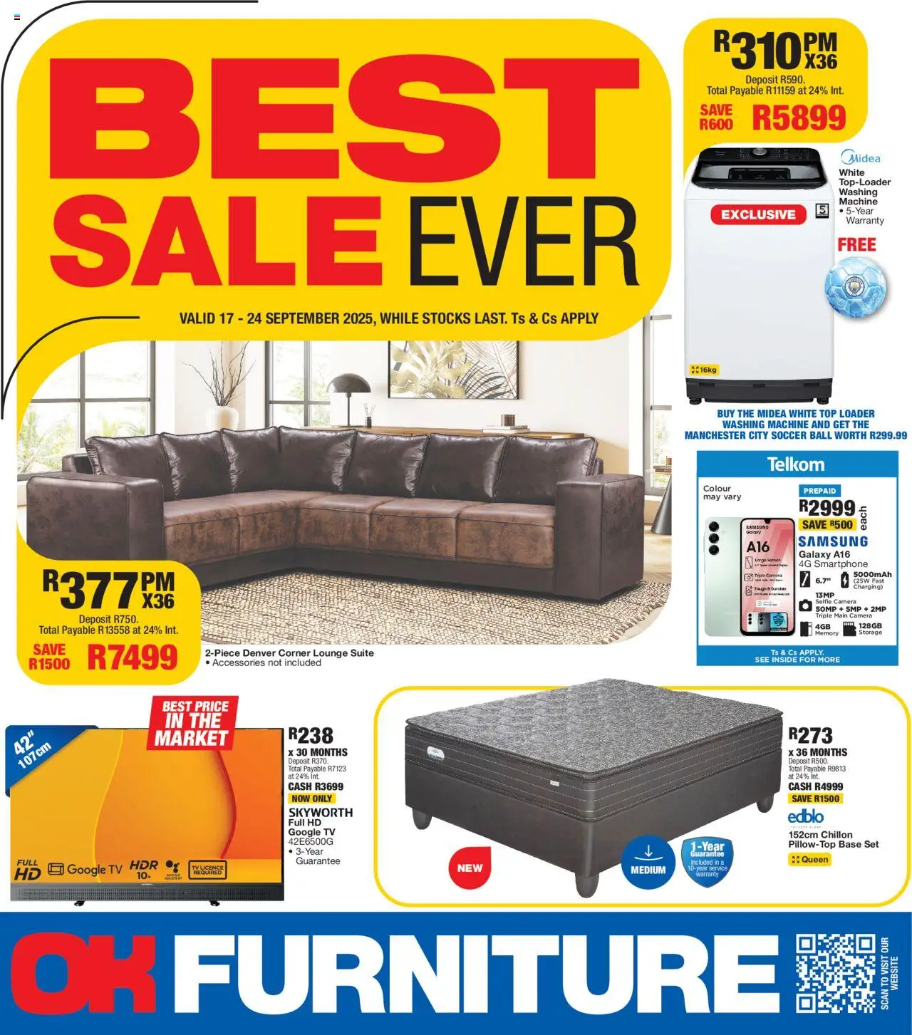 New OK Furniture catalogue – valid from 17.09.2025 | Page: 1 | Products: Smartphone, Washing machine, TV, Lounge suite