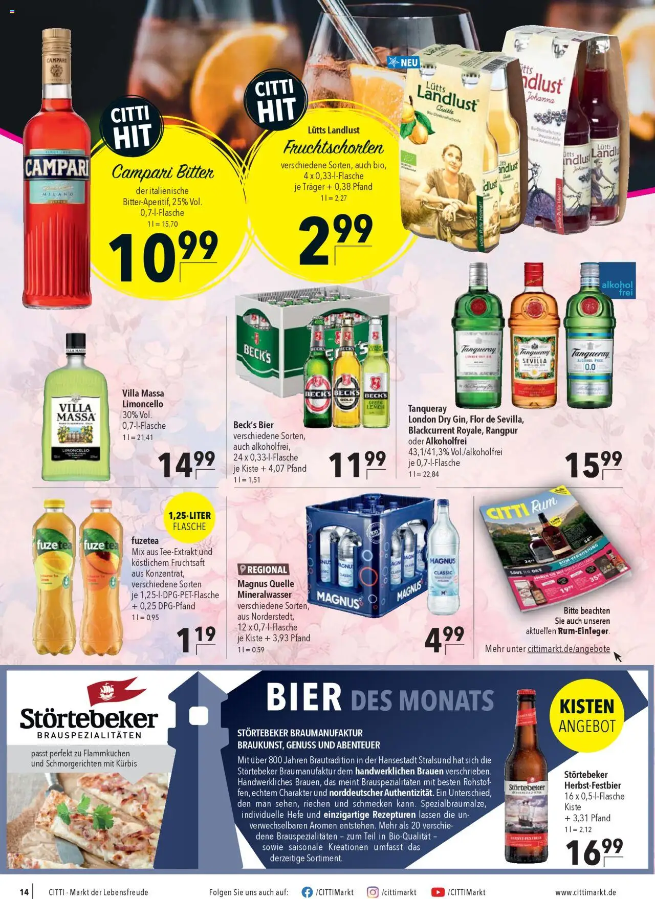 CITTI Markt Prospekt 	 - gültig ab dem 27.08.2025 | Seite: 14 | Produkte: Bier, Rum, Mineralwasser, Limoncello