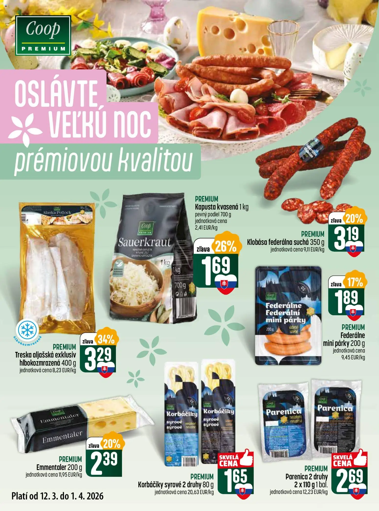 Nové COOP Jednota akcie – leták je platný od 12.03.2026 | Strana: 2 | Produkty: Kapusta, Klobása, Párky, Treska