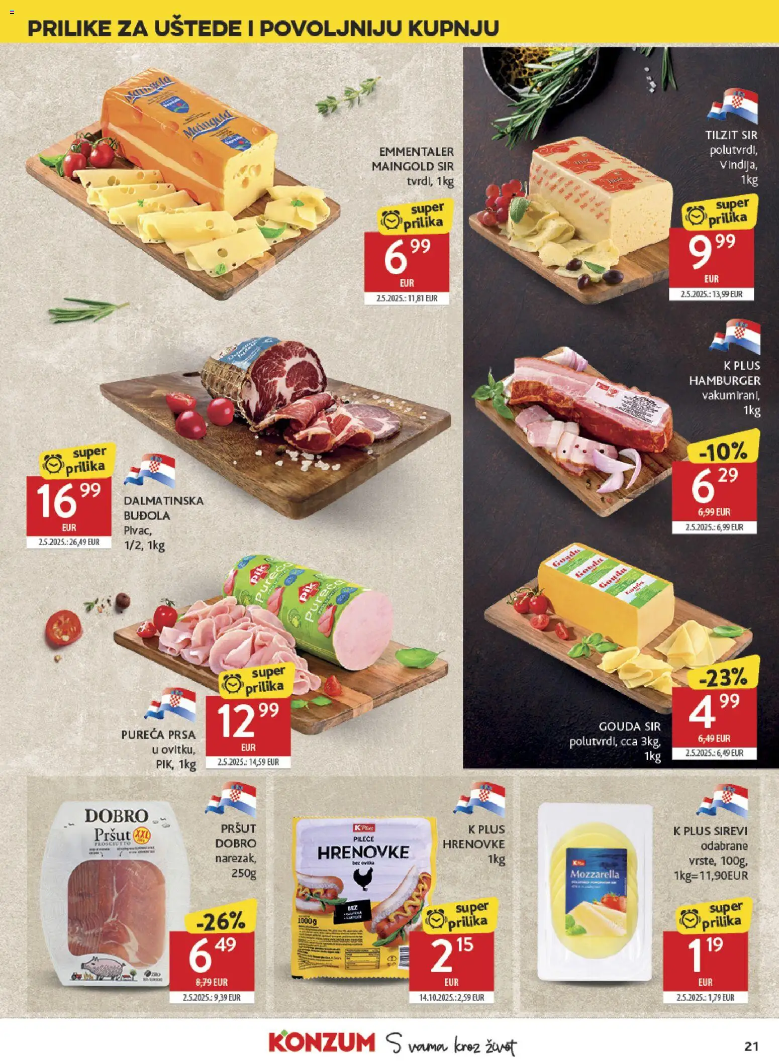 Konzum katalog | vrijedi od 21.01.2026 | Stranica: 21 | Proizvodi: Mozzarella, Hrenovke, Pršut, Hamburger
