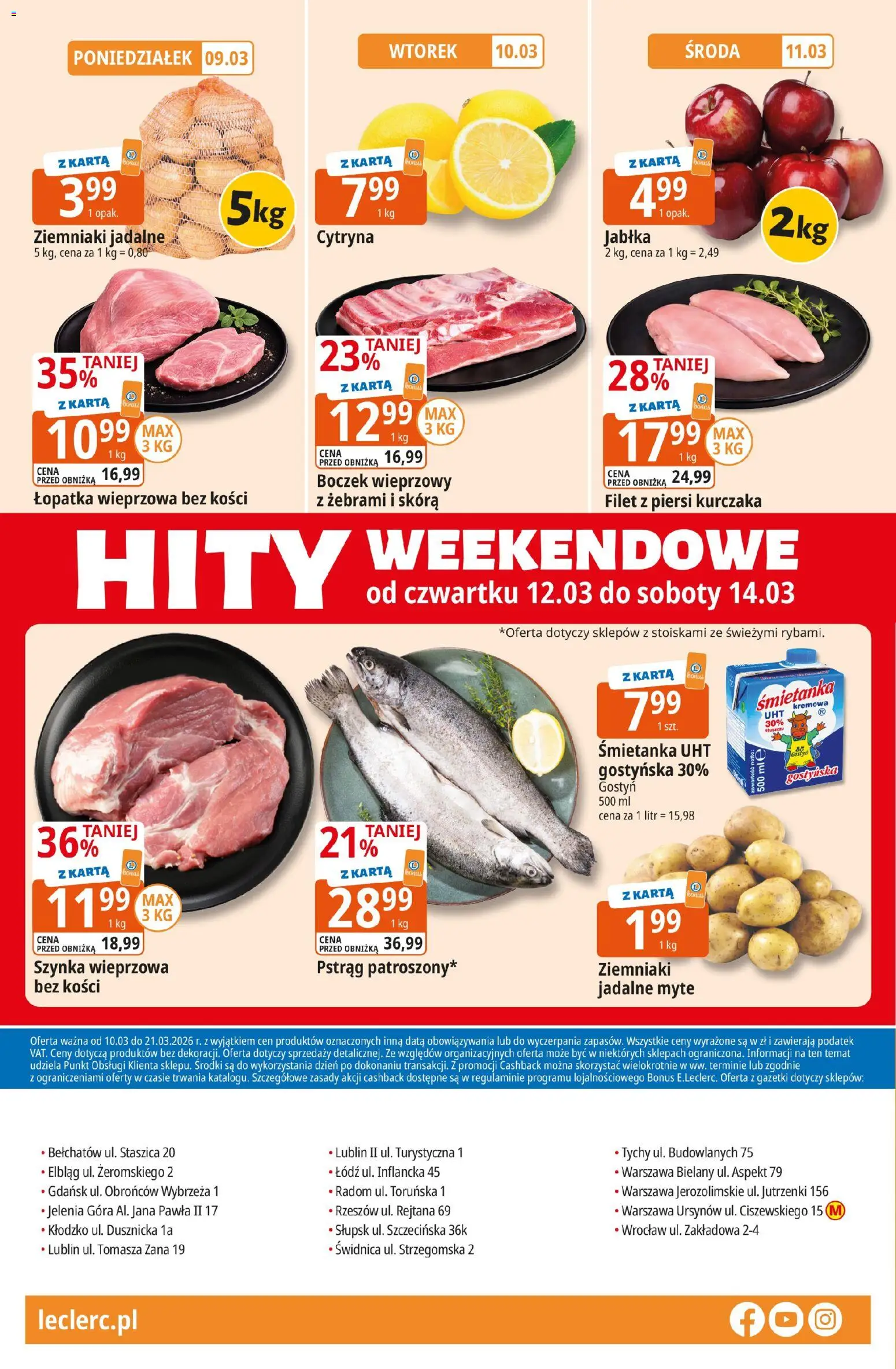 E.Leclerc gazetka - Radom od 10.03.2026 | Strona: 40 | Produkty: Szynka wieprzowa, Pstrąg, Boczek, Filet z piersi kurczaka