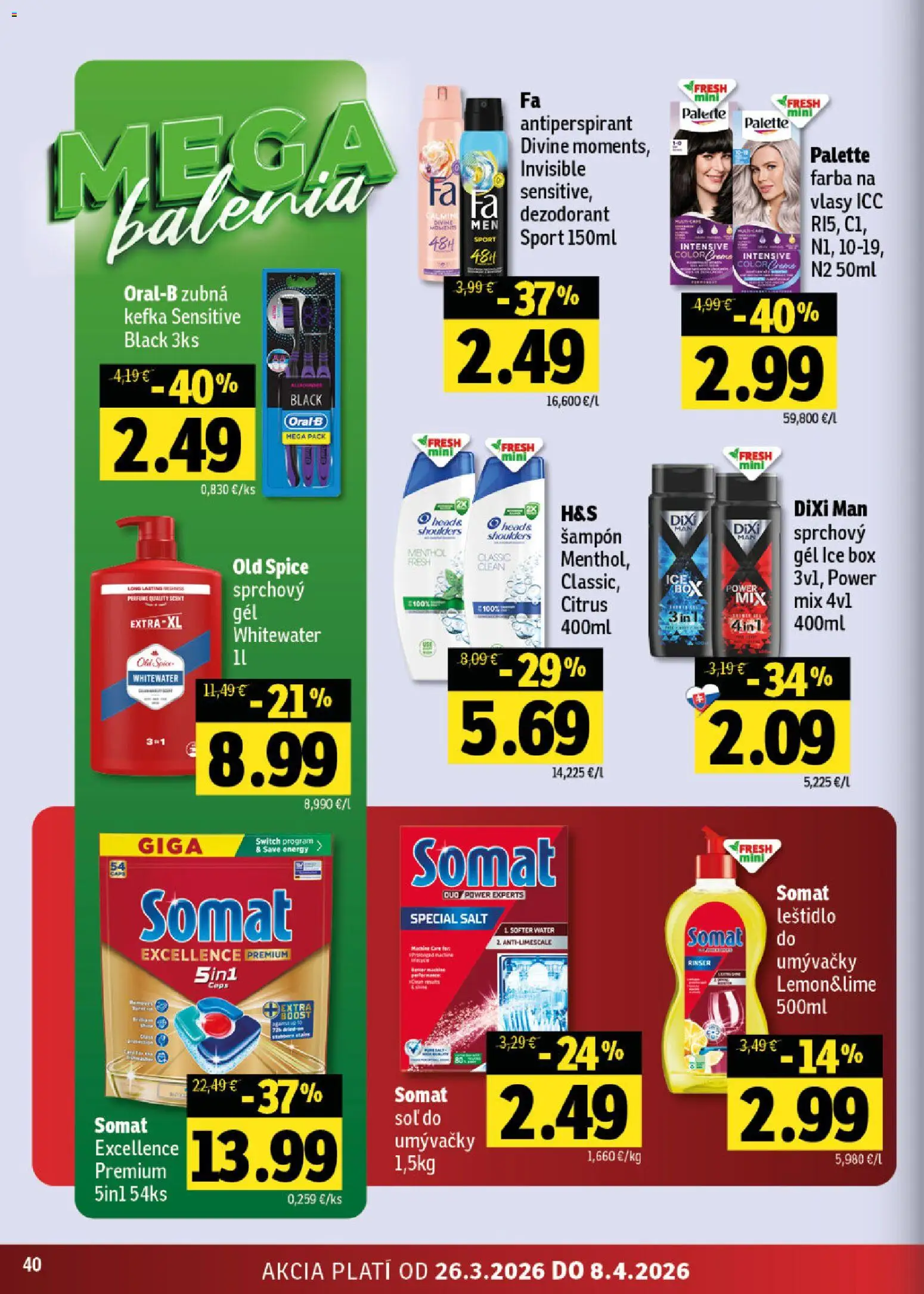 Nové Fresh akcie – leták je platný od 26.03.2026 | Strana: 40 | Produkty: Old Spice, Šampón, Antiperspirant, Soľ