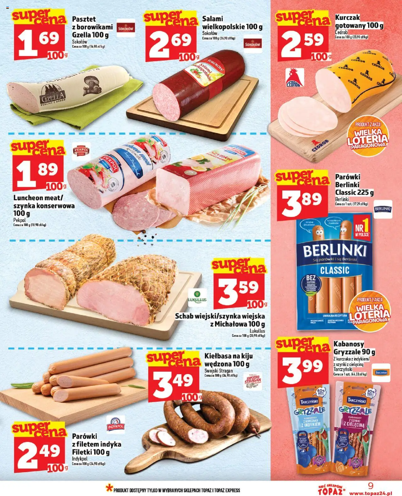 Topaz Gazetka od 21.08.2025 | Strona: 9 | Produkty: Kiełbasa, Kurczak, Kabanosy, Salami