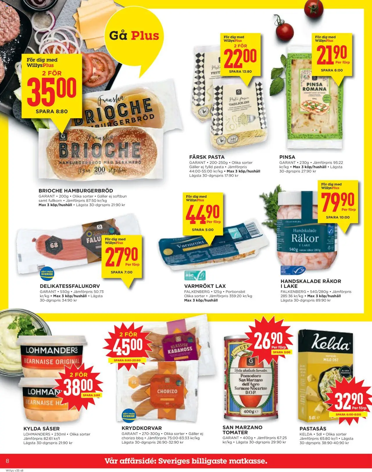 Willys reklamblad aktuell från 25.08.2025 | Sida: 8 | Produkter: Räkor, Ost, Chorizo, Pasta