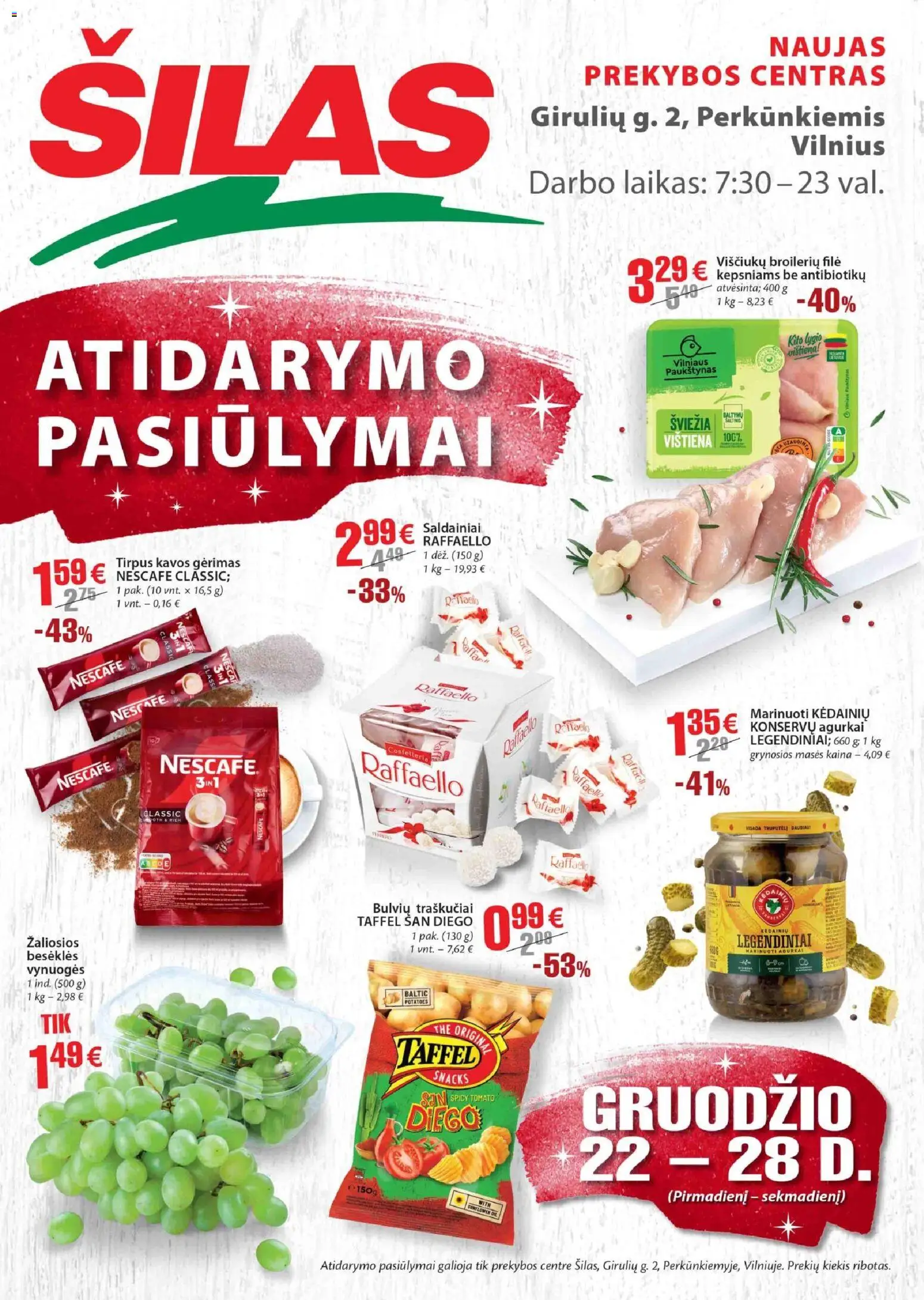 Šilas akcijos nuo 22.12.2025 | Puslapis: 1 | Prekių: Agurkai, Vištiena, Saldainiai, Traškučiai