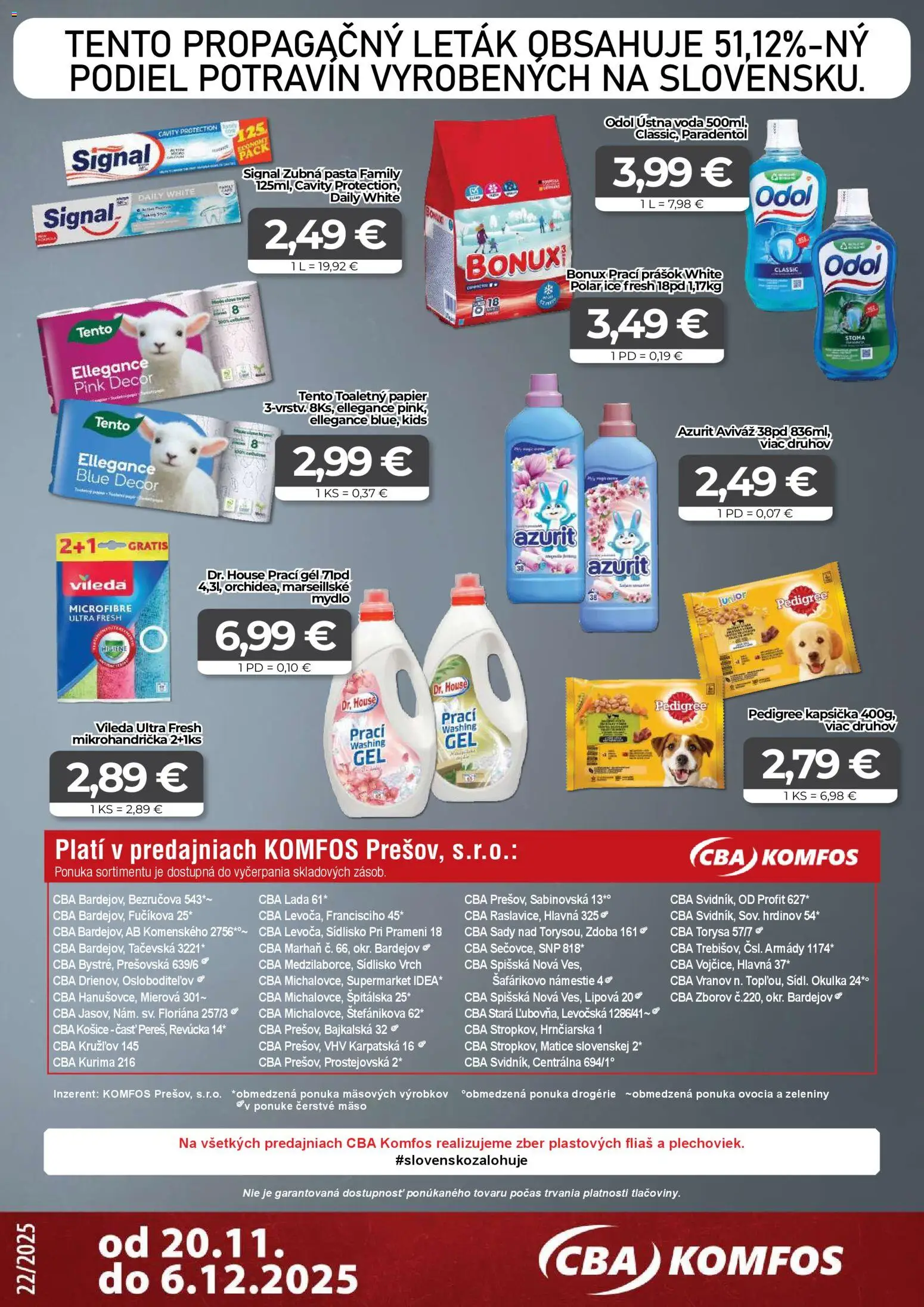 Nové CBA Komfos akcie – leták je platný od 20.11.2025 | Strana: 16 | Produkty: Prací prášok, Ústna voda, Aviváž, Bonux